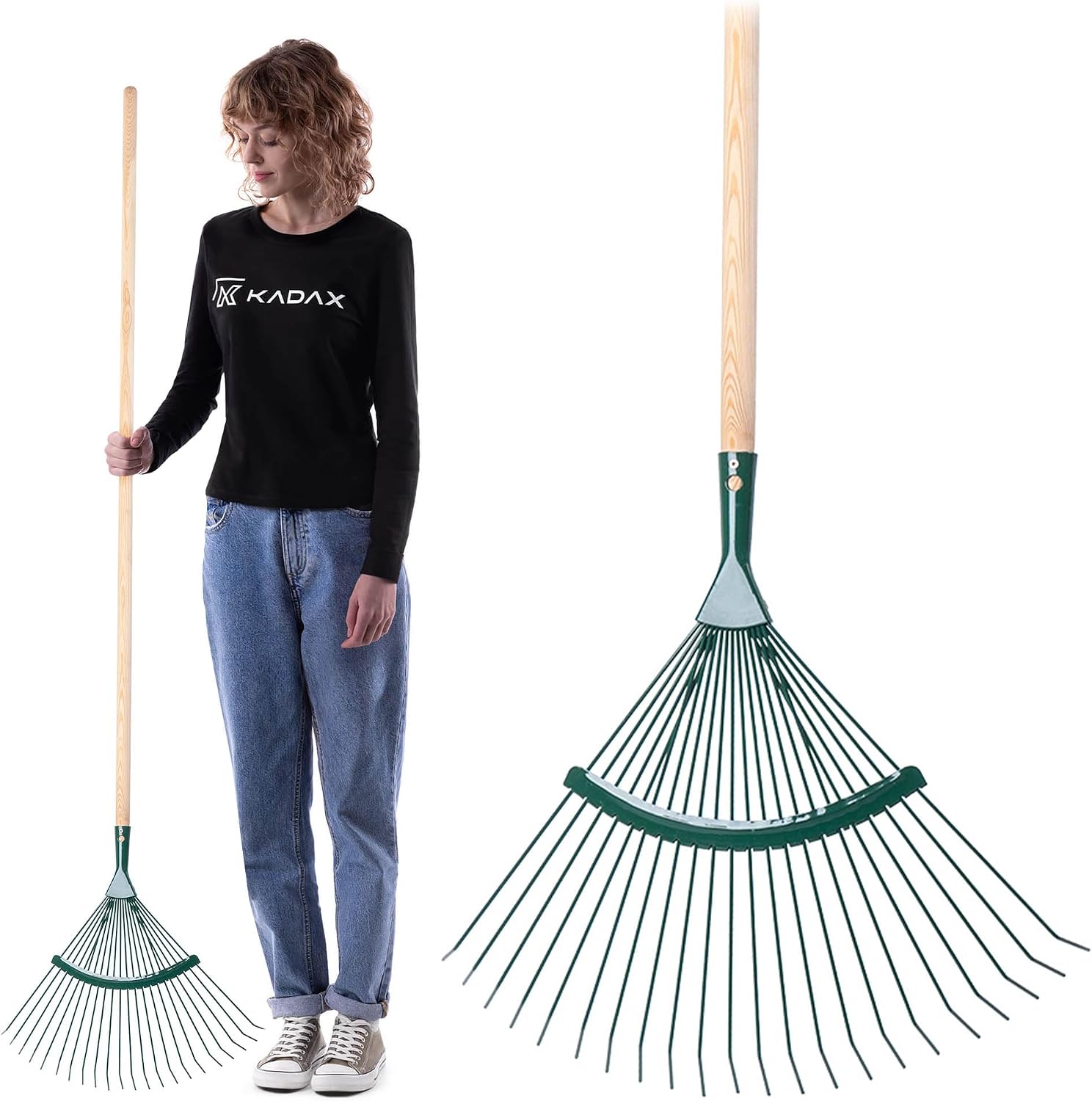 KADAX Râteau de jardin, râteau à feuilles réglable avec manche pour jardin, pelouse, râteau de jardin confortable, ventilateur à feuilles, outil de jardin, outil de jardinage (ruban)