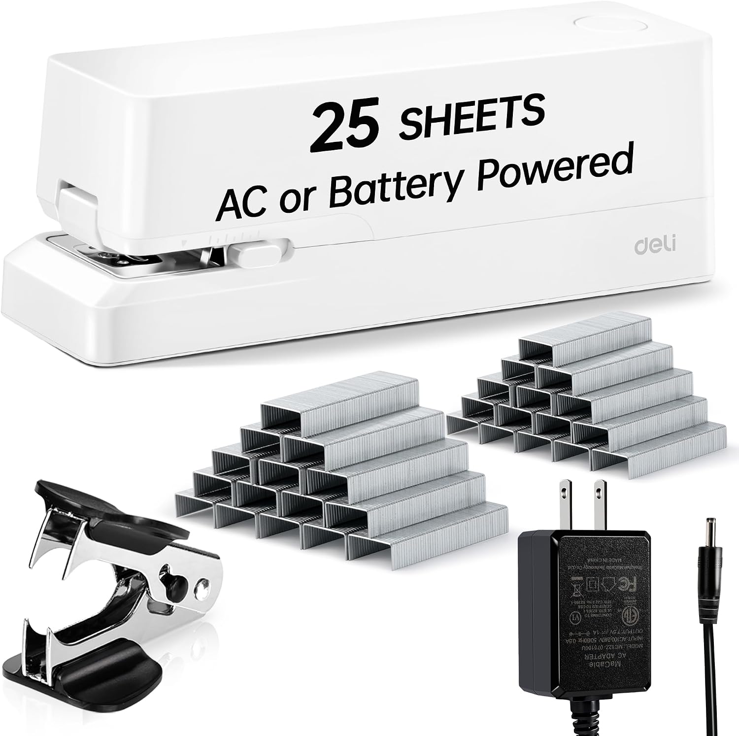 Deli Agrafeuse électrique automatique pour bureau avec 2 000 agrafes et ôte-agrafes, capacité de 25 feuilles, sans bourrage, agrafeuse alimentée par AC ou à piles pour bureau, maison, école, noir