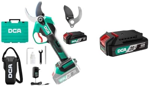 DCA Sécateur Électrique Sans fil 20V, max 35mm Secateur Electrique Moteur Sans Balais avec batterie 2,0Ah*2, lame SK5 avec étui de sécurité portable pour la taille jardinage vignoble arbres fruitiers