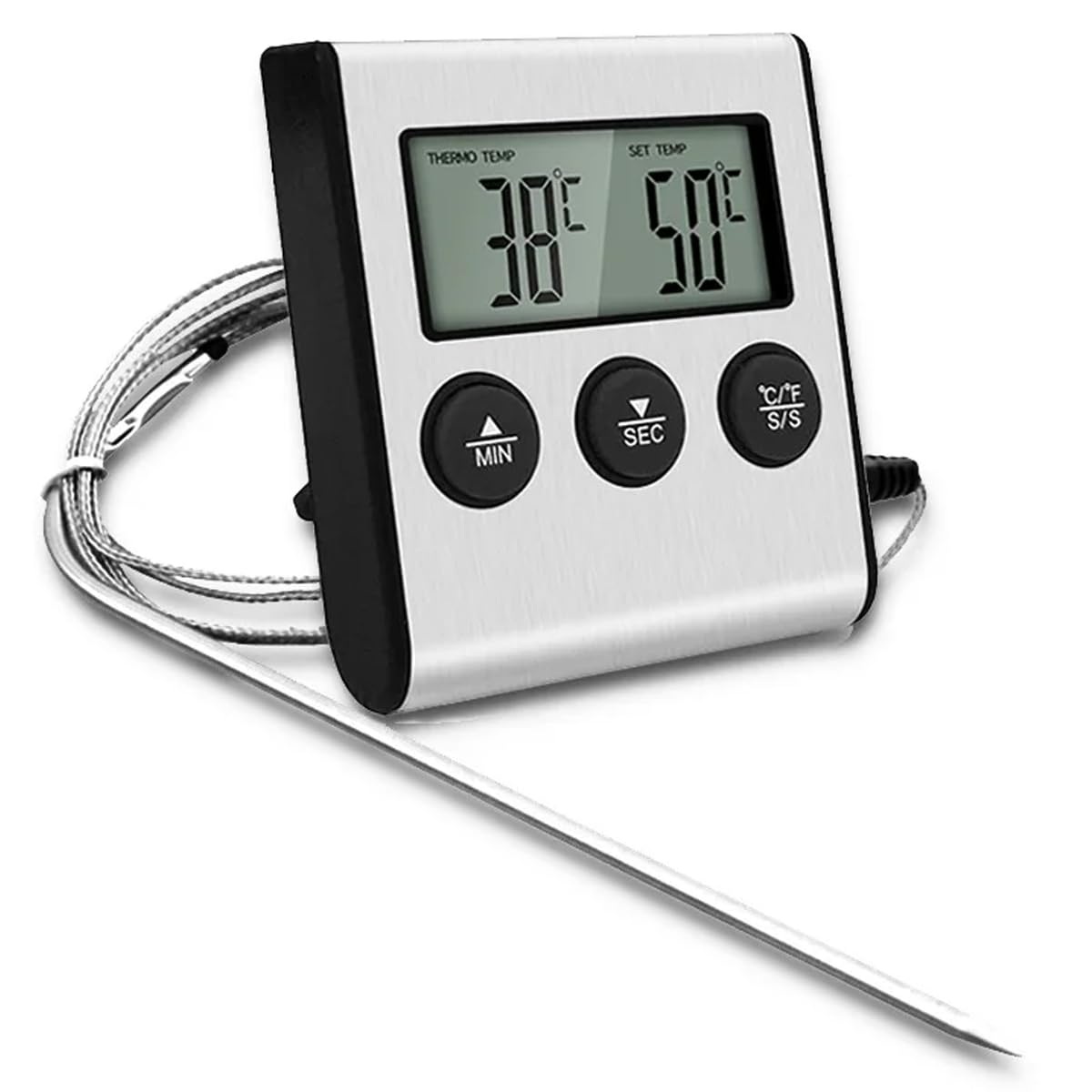 Greluma 1 Pièce Grand thermomètre numérique LCD pour cuisson des aliments et de la viande, pour fumoir, four, barbecue, gril, horloge, minuterie avec sonde de température en acier inoxydable