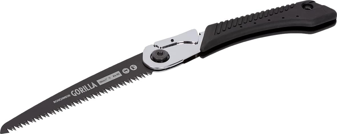 Scie d'élagage pliante Roughneck Gorilla Fast Cut avec lame de 180 mm, denture triple affûtée et revêtement PTFE, acier chromé, verrouillage de sécurité, œillet pour dragonne et étui