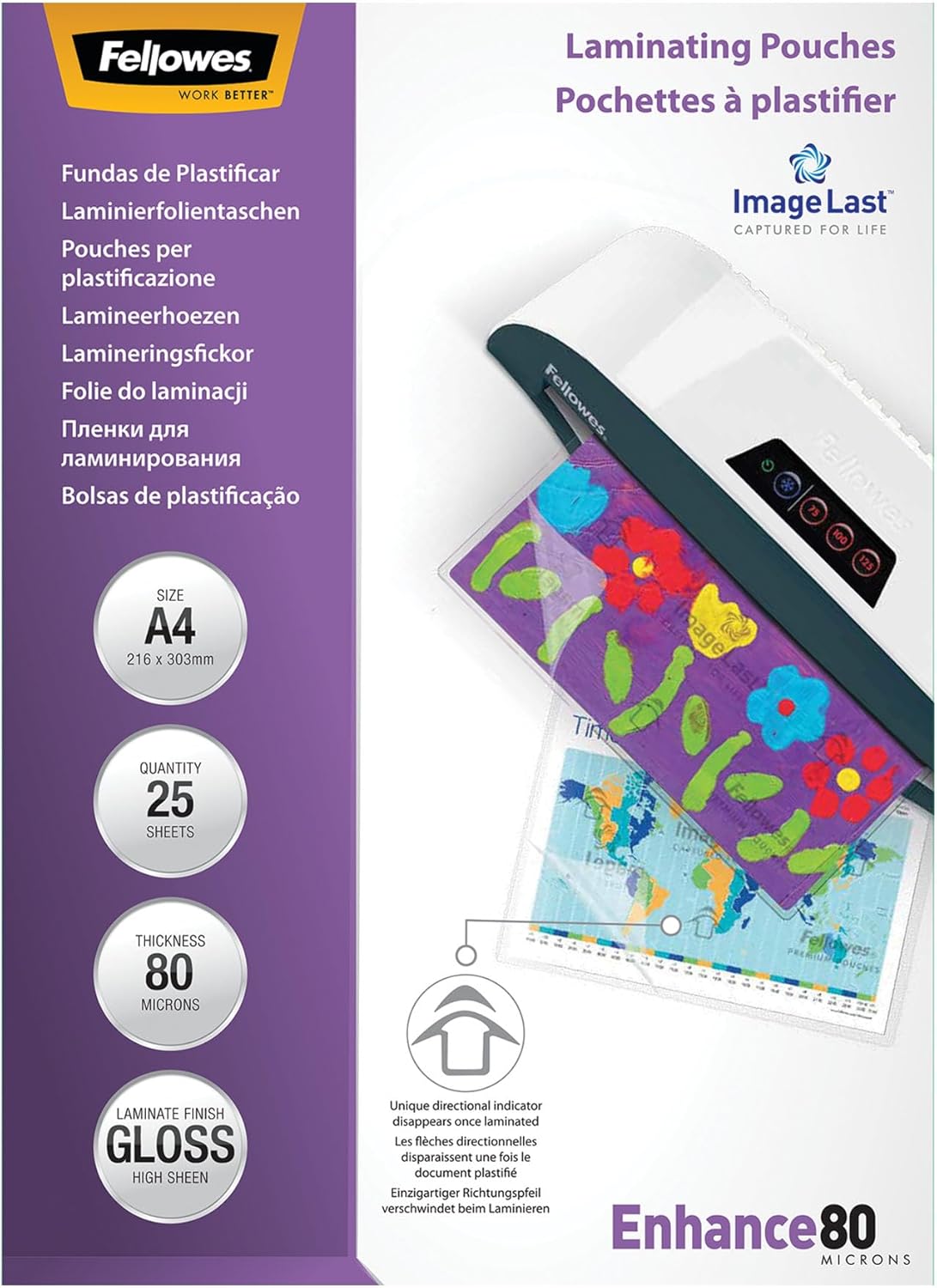 Fellowes Pochette De Plastification A4 80 Microns - Lot De 100 Pochettes De Plastification - Technologie ImageLast - Finition Brillante - Pour Photos Et Affiches - Enhance 80
