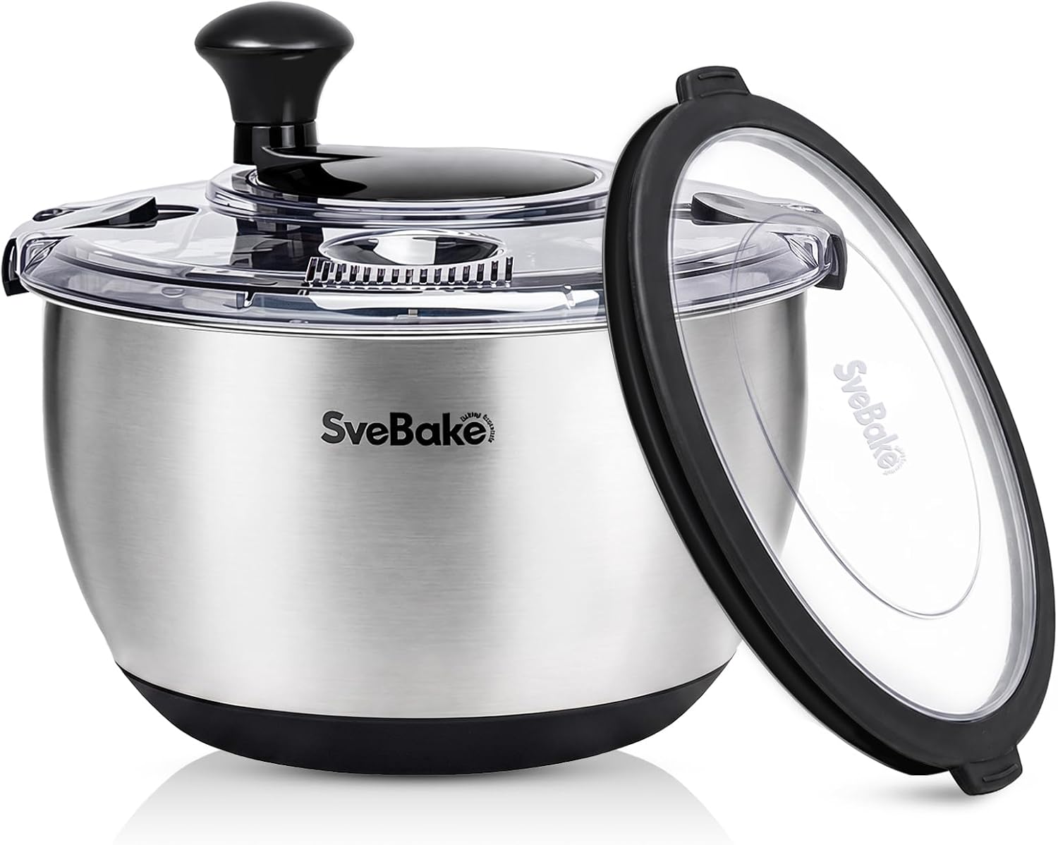 SveBake Essoreuse à Salade Inox avec Couvercle, Manivelle, 4,5 L
