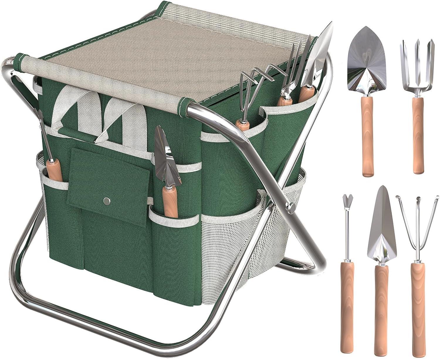 Tabouret de Jardin Pliable avec Sacoche Amovible, kit de 5 Outils de Jardinage Capacité jusqu'à 100 kg, Sacoche organisatrice Amovible, Outils à Main Robustes, siège de Jardin