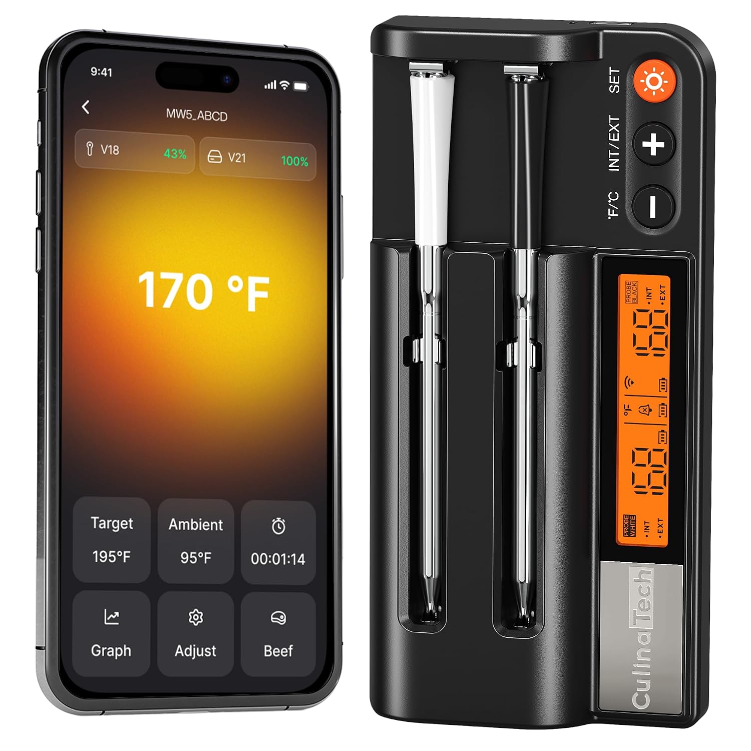 Thermomètre à Viande Intelligent Sans Fil avec 2 Sondes, avec Bluetooth 5.3 multi-capteurs, surveillance par application avec minuterie et alarme, IPX7 Etanche Thermomètre pour Cuisine Gril BBQ