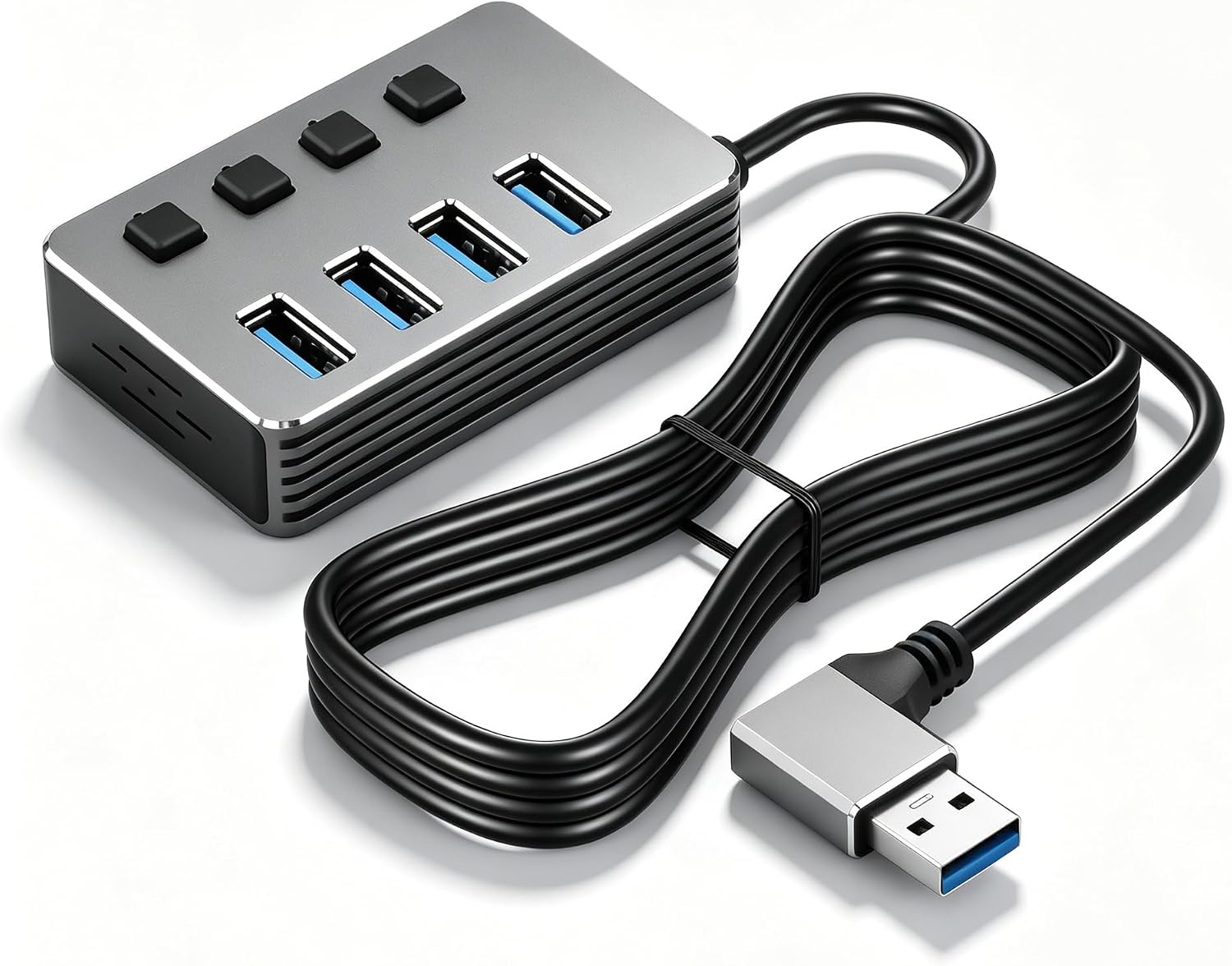 CERRXIAN Hub USB 4 Ports en Aluminium à Angle Gauche 90° avec câble Long de 1,5 m, Port Haute Vitesse USB 3.0 + 3 Ports USB 2.0 avec indicateurs LED indépendants