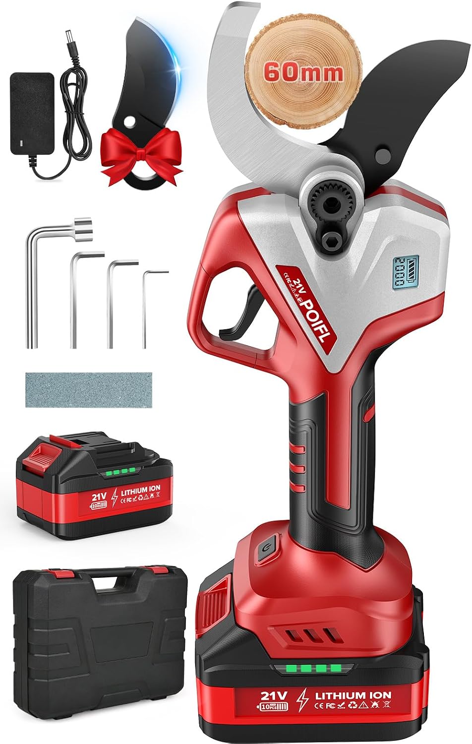 Sécateur Électrique, Ouverture de lame 75 mm & Capacité de coupe 50-60mm, 1200W Secateur Electrique Sans Fil avec Écran LCD, 21V 4000 mAh Batterie, Lame SK7 tranchante pour Arbres,Vigne et Vignoble