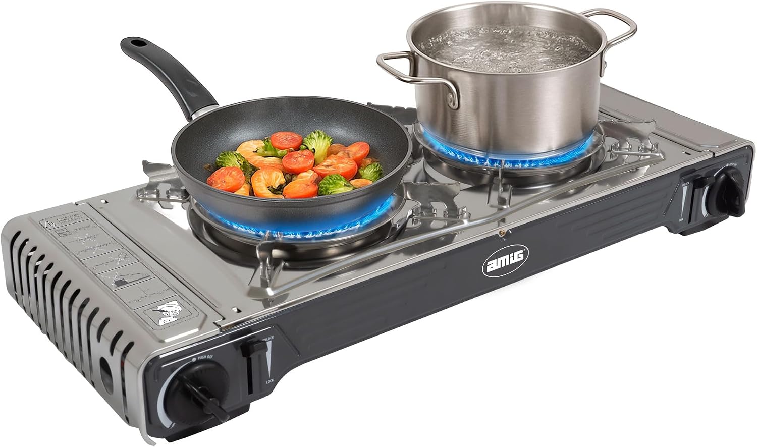 Amig - Réchaud de Camping CAMP02 - Cuisine Portable - 2X Brûleurs - Inclut Plancha - Grille en Fonte - Acier Inoxydable - Puissance 2,2 kW x 2 - Compatible avec Cartouches B-250