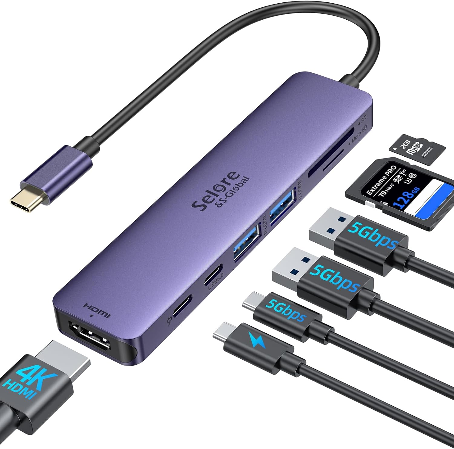 Adaptateur USB C, Hub USB C HDMI 4K, PD 100W, USB C 3.0, 2*USB 3.0 Lecture de Carte SD/TF, Dock USB C Multiport 7-en-1 Compatible avec MacBook Pro/Air M1 M2 ChromeBook Pixel iPad Pro Tablette(Purple)