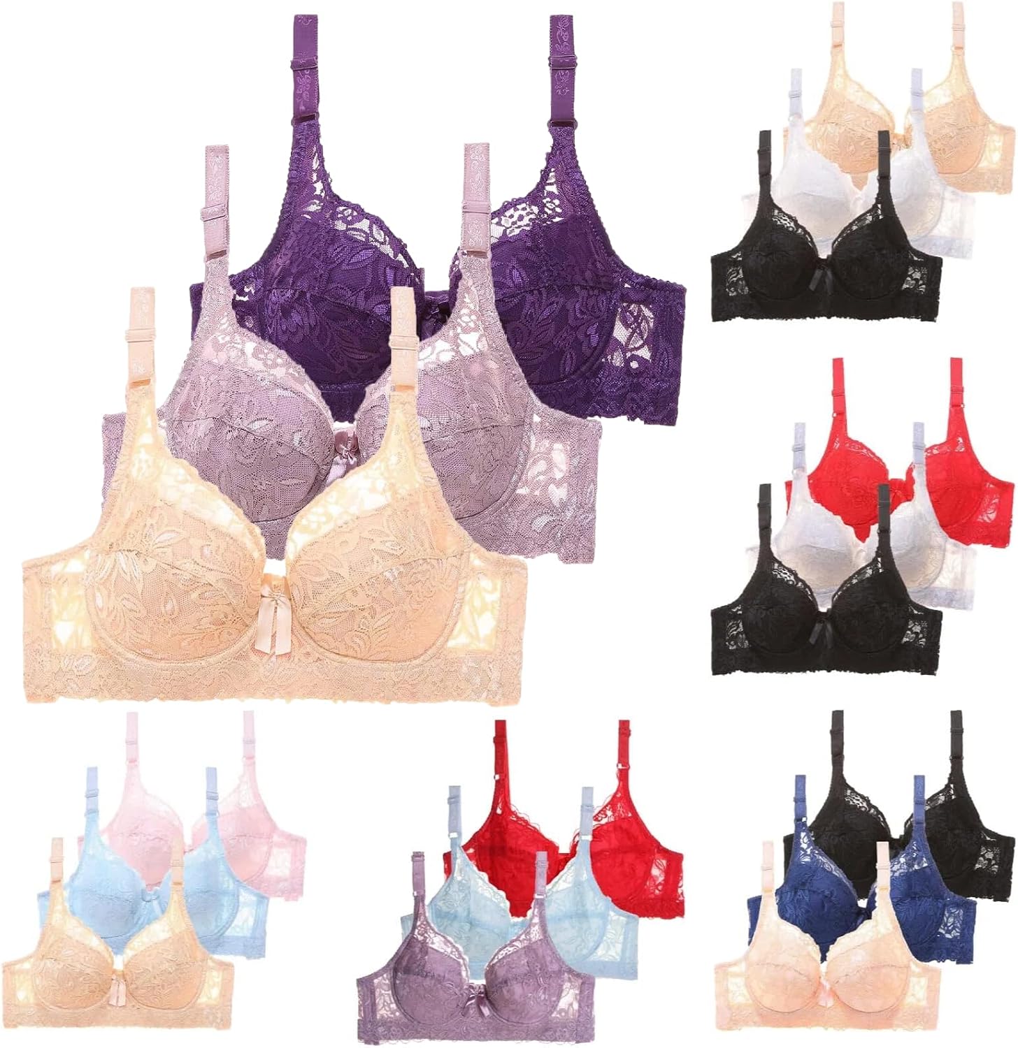 Lot de 3 Soutien Gorge avec Armature Femme Brassière Dentelle Sexy Push Up Grandes Tailles Bra Supérieure Anti-Affaissement Soutiens-Gorge Bretelles Réglables Classique Bra Couleurs Pures Sport Yoga
