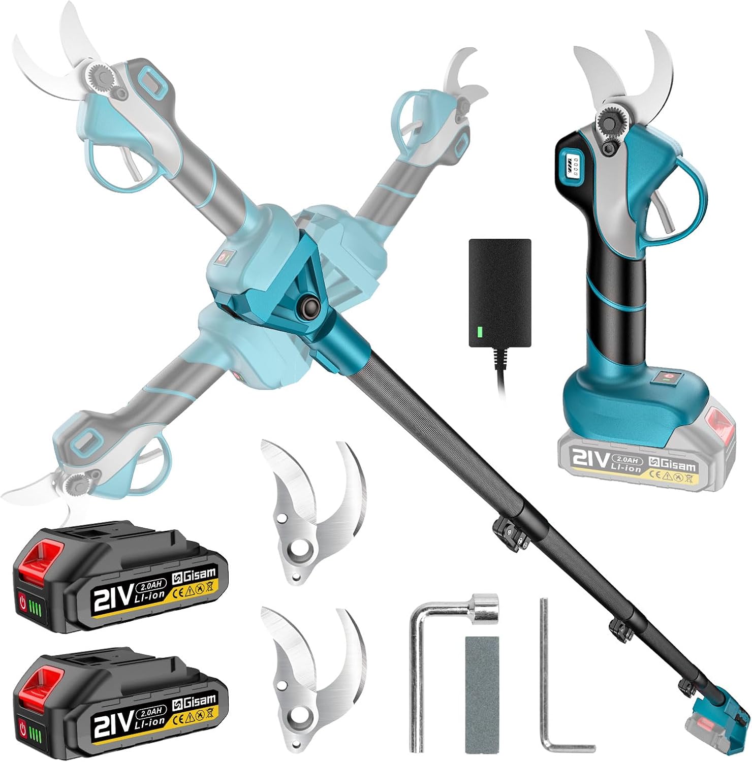 Sécateur Électrique Avec Perche, Moteur Brushless, Portée Totale 4,2 m, 2-en-1 Secateur Electrique Sans Fil avec 3 paires Lame SK5 et 2x2.0 Ah Batteries, pour Jardinage, Ferme, Arbres Fruitiers