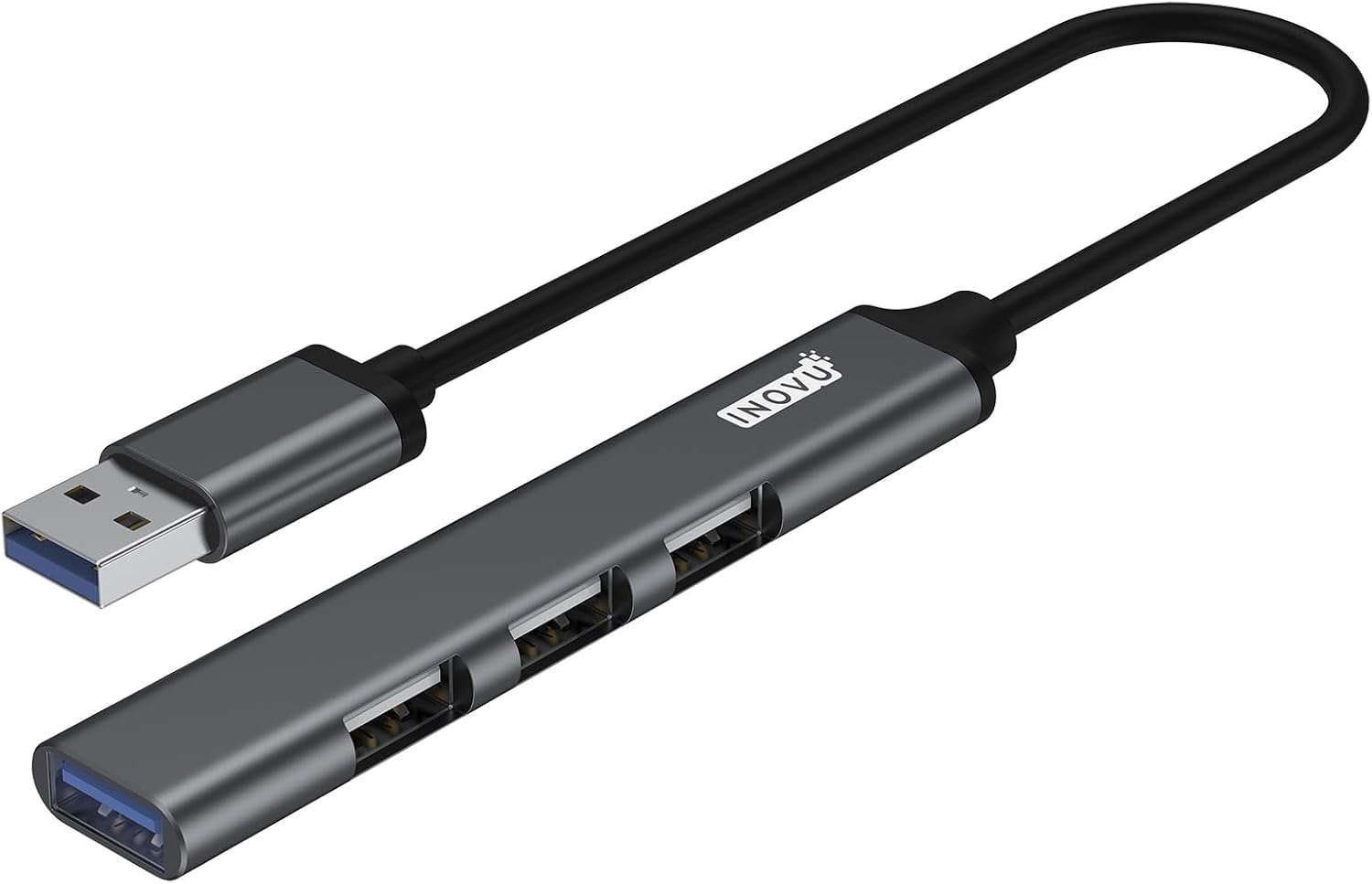 INOVU INHUB4A2 - Hub USB-A 4 Ports - 3 Ports USB 2.0 jusqu'à 480 Mbps - 1 Port USB 3.0 jusqu'à 5 Gbps - Câble 18 cm - Poids Plume - Format Compact