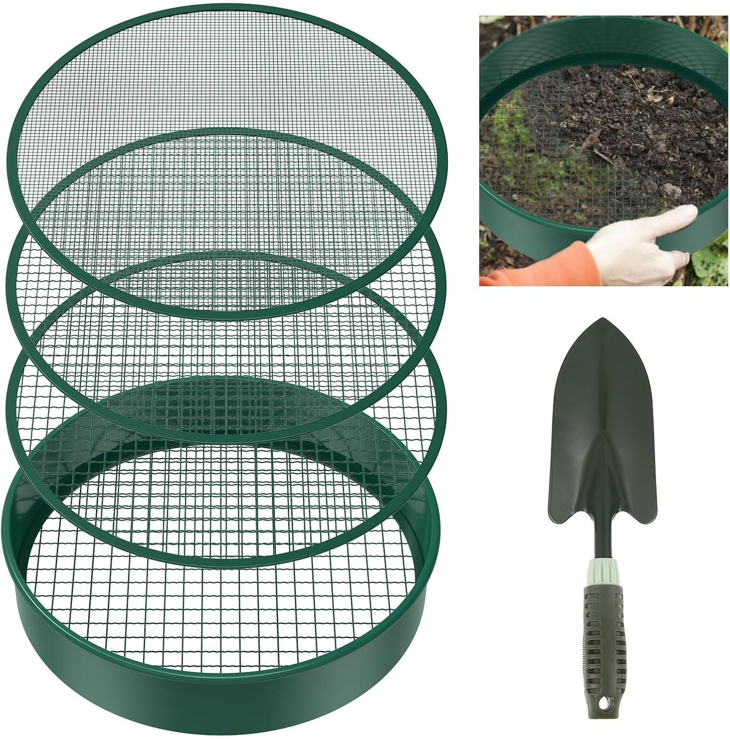 Lot de 6 tamis de jardin ronds de 30 cm avec 4 tamis interchangeables - Tamis à compost en acier inoxydable pour terre, compost, semences - Avec pelle de jardin