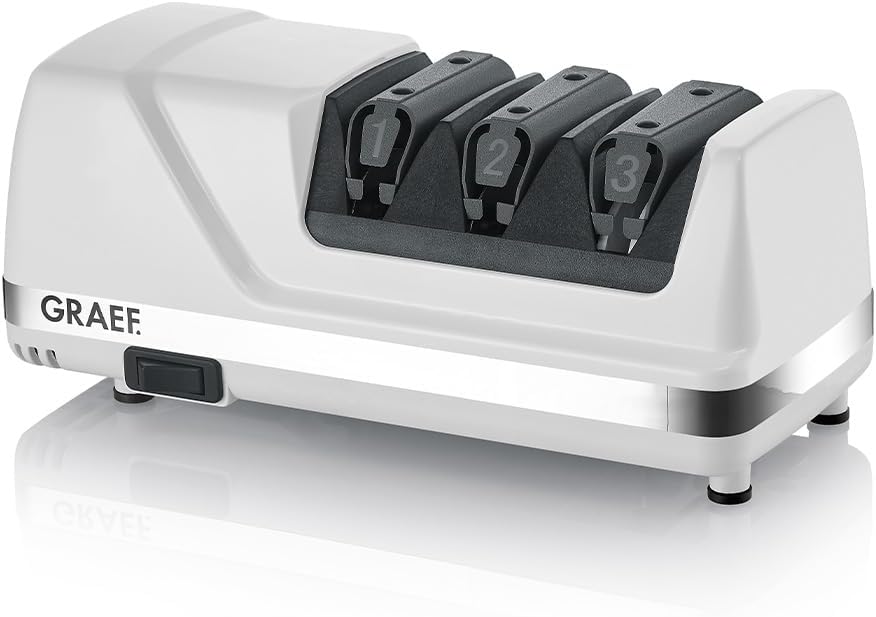 GRAEF CC120 Affûteur électrique 3 étapes, angle 20°, revêtement diamanté, pour couteaux de cuisine, chasse, professionnels et crantés, lames ultra-affûtées, blanc