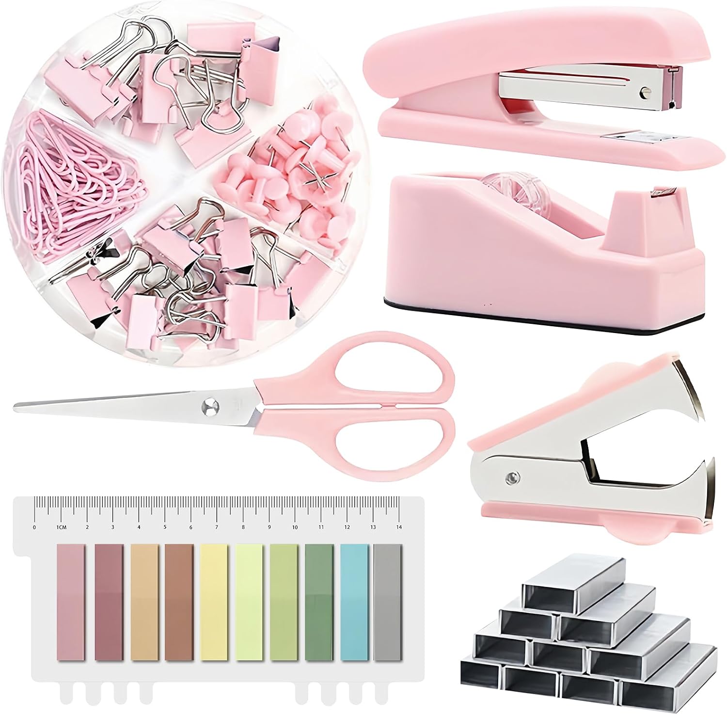 Fournitures de Bureau Roses: Ensemble de Fournitures de Bureau, Kit d'accessoires de Bureau avec Agrafeuse, Distributeur de Ruban Adhésif, ôte-agrafes, Clips, Ciseaux, Onglets