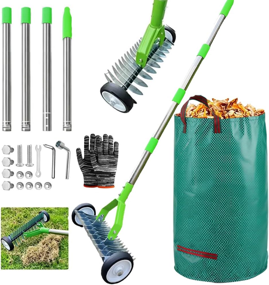 Scarificateur Manuel avec Roues, Verticuteur à Manche de 165 cm, scarificateur Gazon Manuel sur Roue avec Sac à Déchets de Jardin, Râteau de Scarification Réglable, Amovible, Houe de Scarification