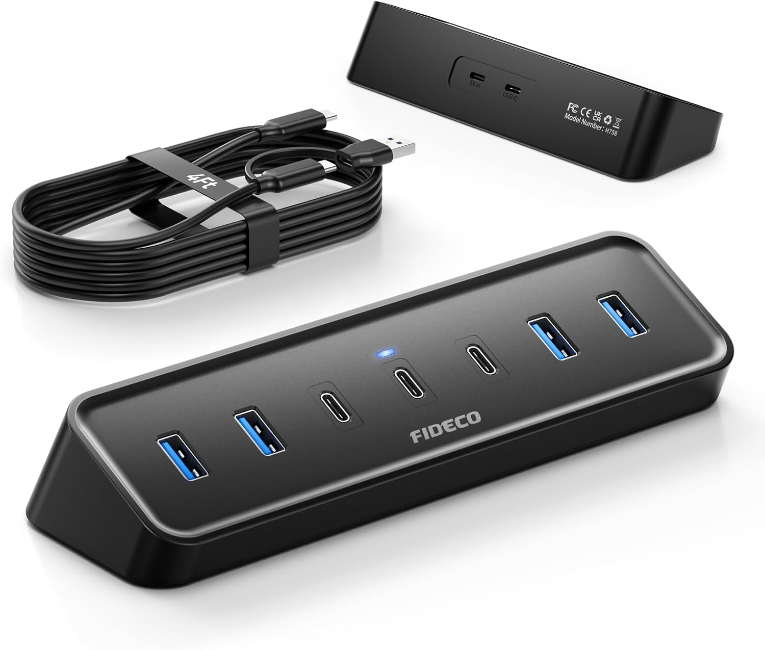 FIDECO 7 Port USB 3.0 Hub avec 1.2m Câble pour Desktop/PC/MacBook, 5Gbps Hub USB avec 4 USB-A + 3 USB-C Port, USB Adaptateur Multiport avec Câble Long, sans Adaptateur Secteur, Non Adapté à la Charge