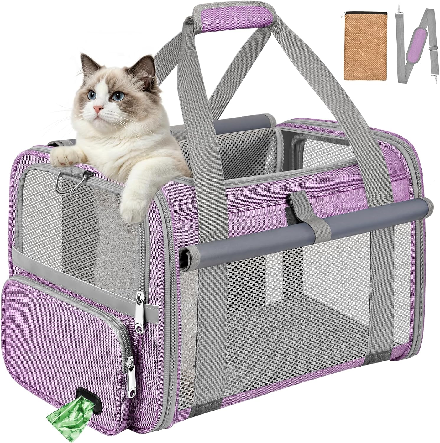 Sac Transport Chat Approuvé Aviation Sac Transport Chien Respirant et Pliable Caisse de Transport Chat avec Bandoulière Réglable Portable Cage Transport Chat avec Tapis Réversible (Violet)
