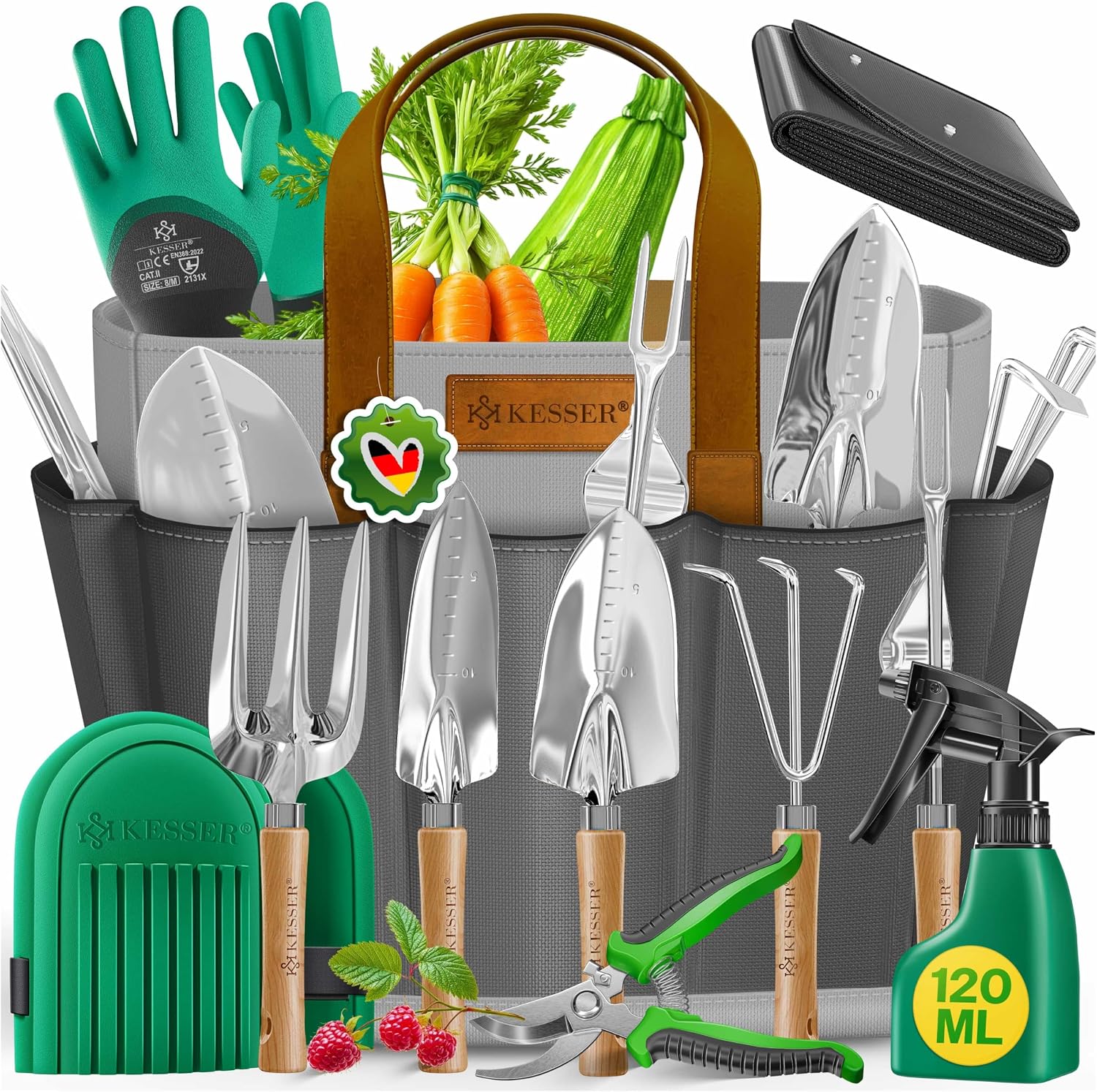Set d'outils de jardin KESSER® 10 pièces avec poignées en bois ergonomiques, incluant un sac imperméable en tissu Oxford 600D, protège-genoux, tapis de plantation, pulvérisateur, sécateur, gants de