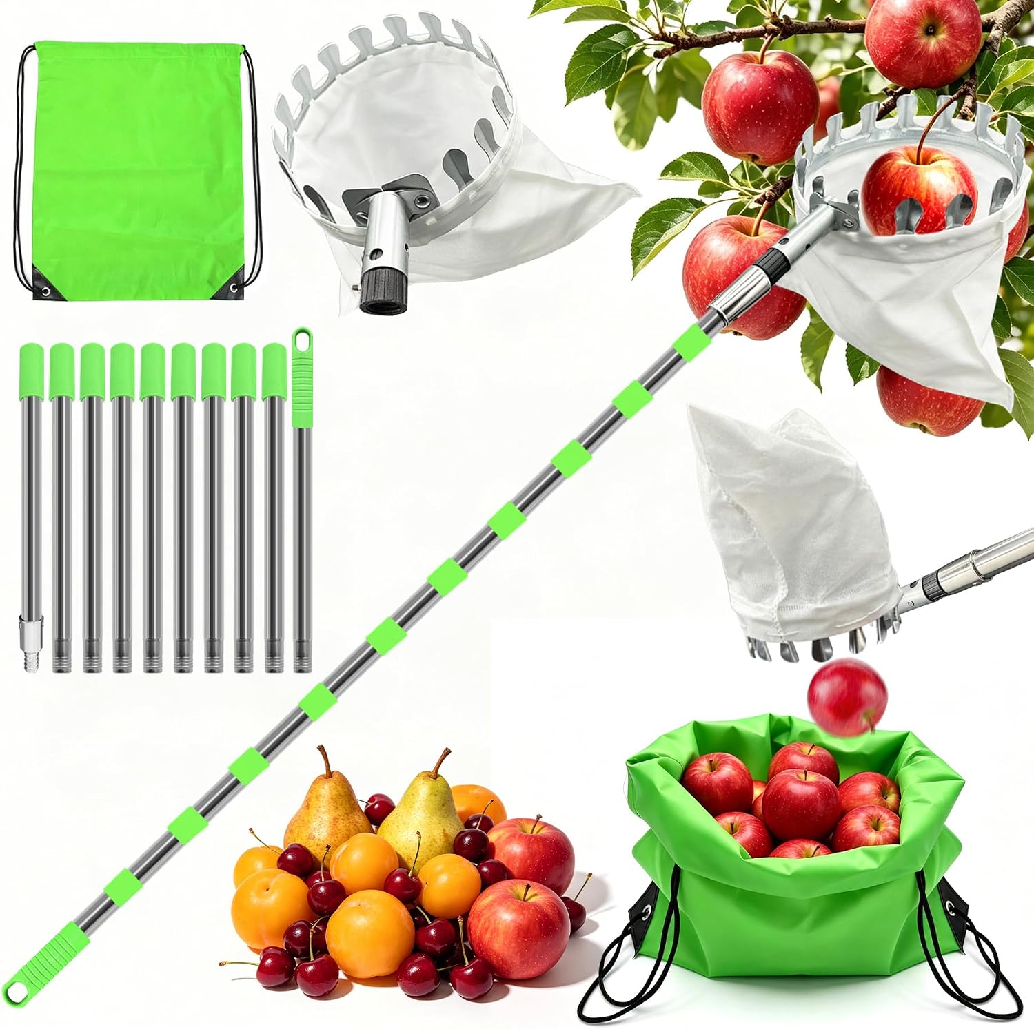 TZEKING Cueilleur de Fruits Télescopique 4,2m Cueille Fruit Telescopique, Ramasse-Fruit en Acier Inoxydable avec Sac en Coton et Sac à Dos de Rangement, Réglable pour Pommes, Poires, Cerises, Oranges