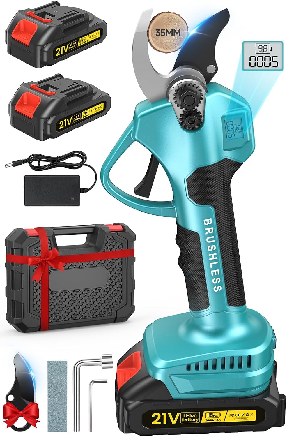 Sécateur Électrique Sans Fil, 4000mAh 35MM Secateur a Batterie avec Écran LED, 1000 W Moteur Sans Balais Secateur Electrique avec 2 Batteries de 2000mAh pour Jardin, Arbres Fruitiers,Vignobles, Haies