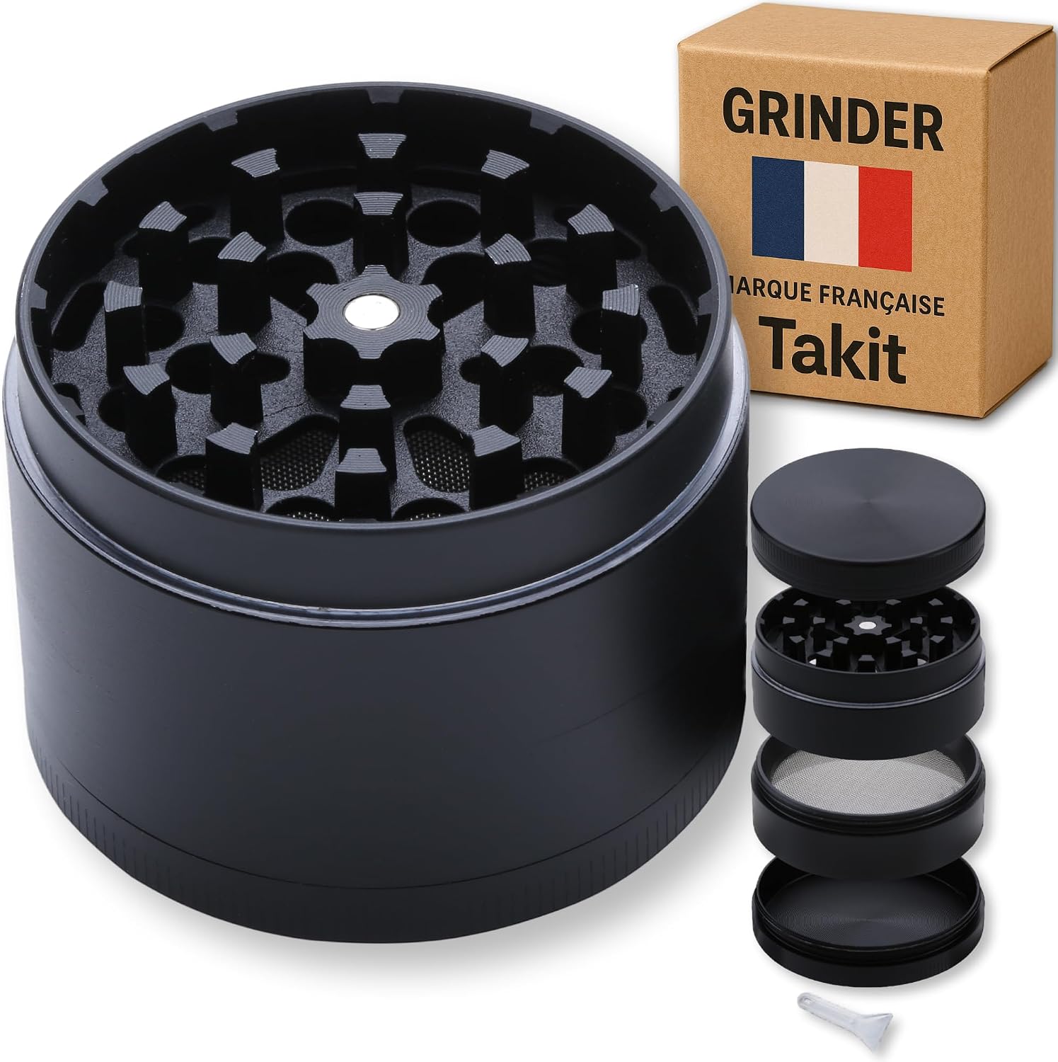 Grinder [ Marque Française] Moulin à Epices - 4 Parties dont 3 Compartiments avec Filtre et Mini Spatule - 55x40mm
