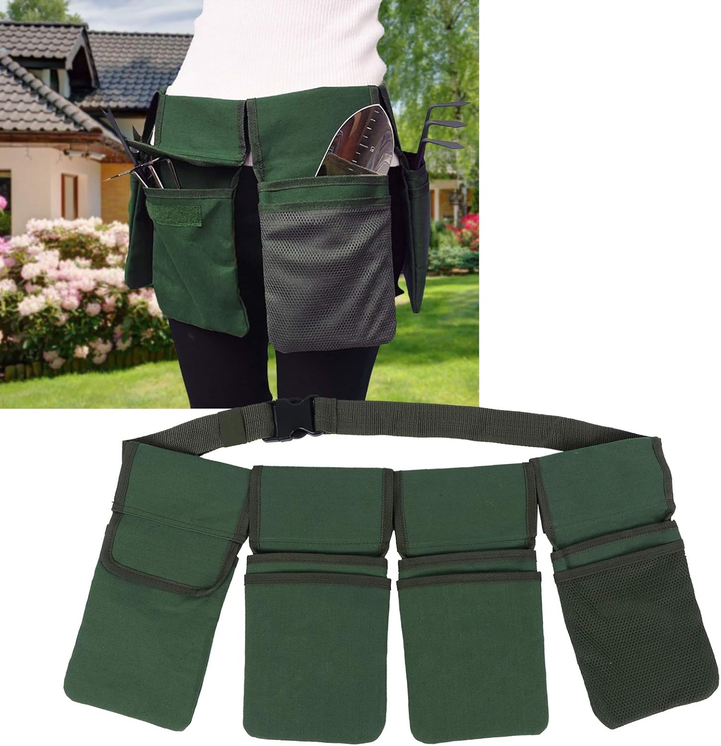 Ceinture à outils de jardin EBTOOLS, sac organisateur de jardin en toile résistante avec 4 poches amovibles et profondes, lavable, vert, 29 x 15 cm, 125 cm de long