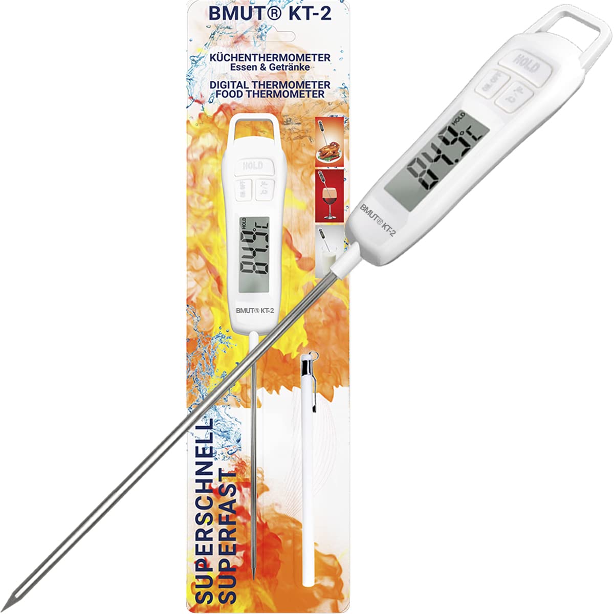1 thermomètre de cuisine (numérique) - Rapide - Pour aliments et boissons (de -50 °C à +300 °C) - BMUT KT-2 - Thermomètre de cuisson pour viande, thé, eau, barbecue