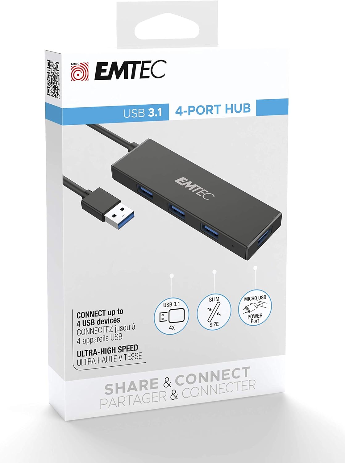 EMTEC, ECHUBT620A, Hub USB 4 Ports Ultra Slim, Connectez jusqu'à 4 périphériques USB-A simultanément, Transfert de données rapide, Alimentation micro-USB, Taille compacte, Noir