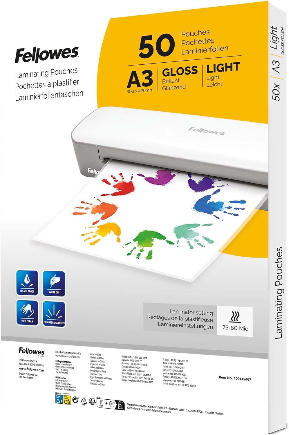 Fellowes Pochettes de plastification A3 brillante – Lot de 50 feuilles durables pour affiches, panneaux et documents – Usage maison, école ou bureau – Compatibles toutes plastifieuses