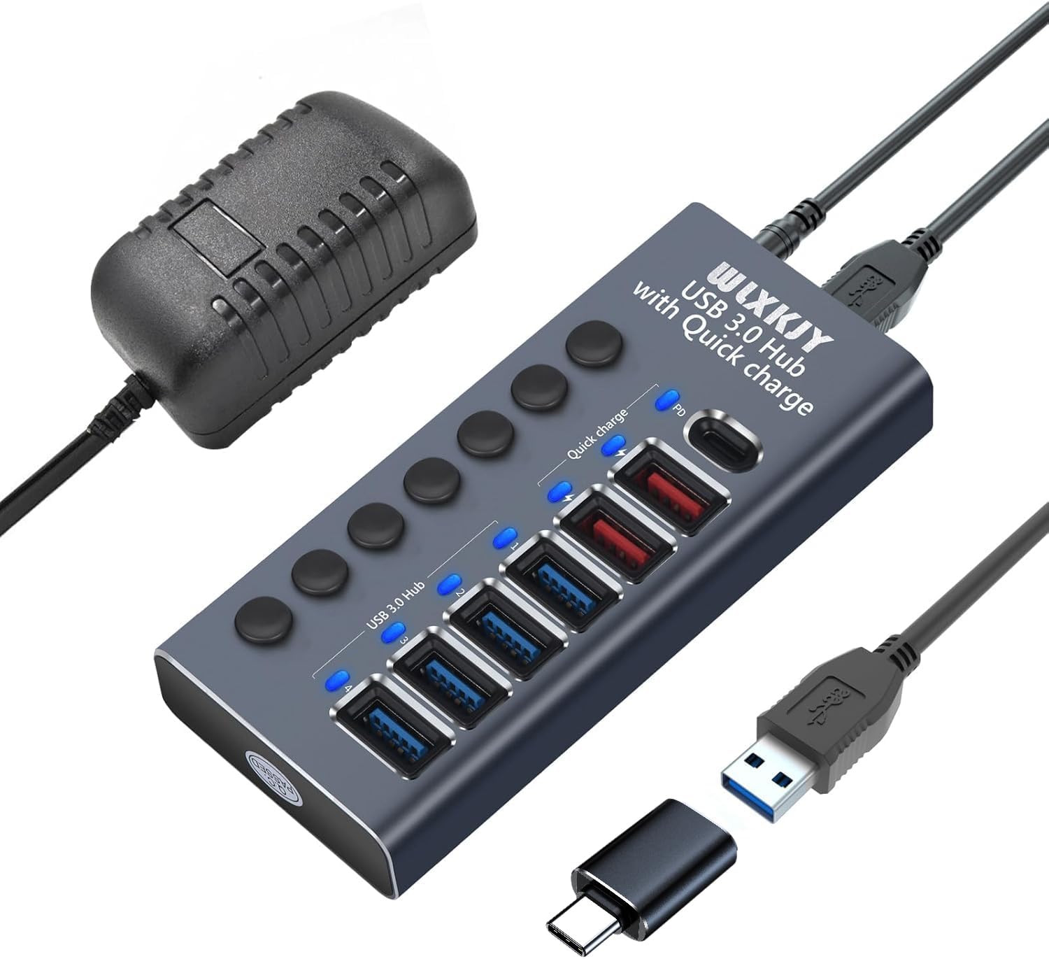 Hub USB Active 3.0, Alimentation 72 W (24 V3 A), Hub USB 10 en 1 (7 Ports de Transfert de données USB 3.0 et Chargeur Rapide 3 Ports)