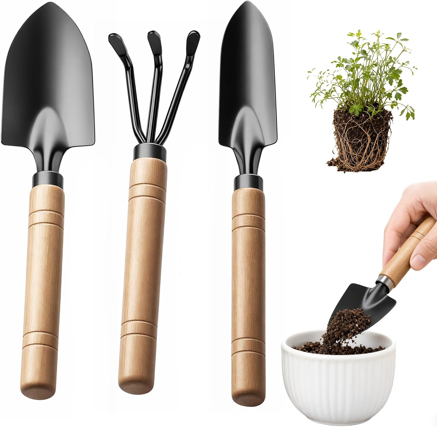 Lot de 3 mini outils de jardin avec poignée en bois robuste - Petites pelles et truelles - Idéal pour bonsaï, plantes en pot, parterres de fleurs et ameublissement du sol - Kit d'outils de