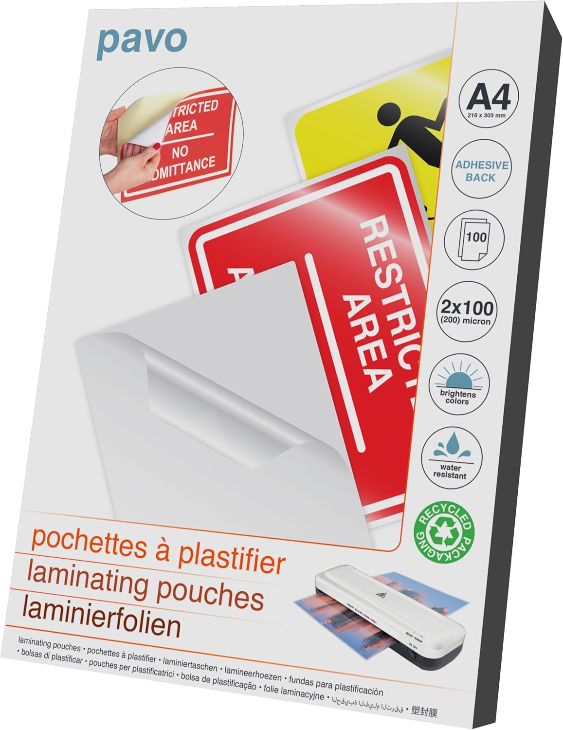 PAVO Bte de 100 pochettes à plastifier A4 200 microns (2x100) Autocollantes