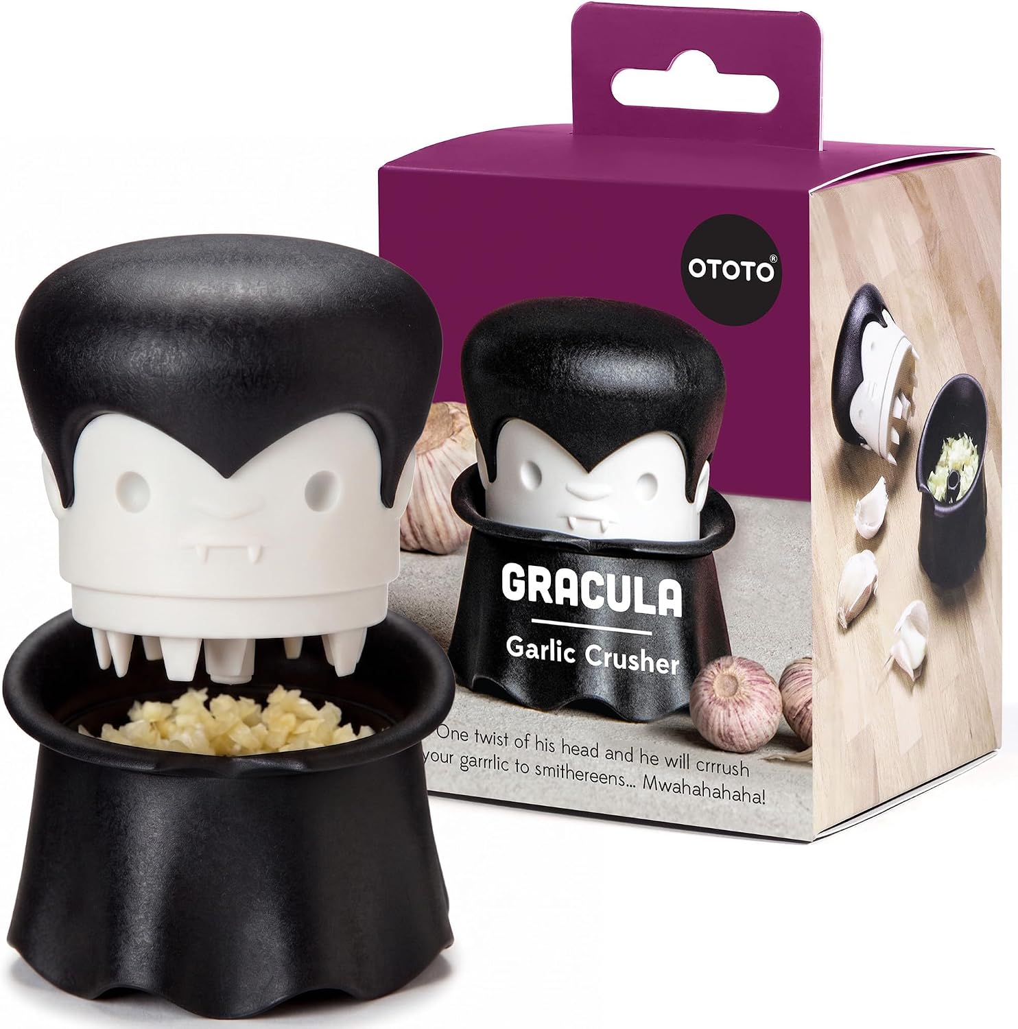 OTOTO Gracula presse ail, éplucheur d'ail, cadeaux halloween, aussi pour gingembre, noix, piments, herbes - cadeaux gothiques