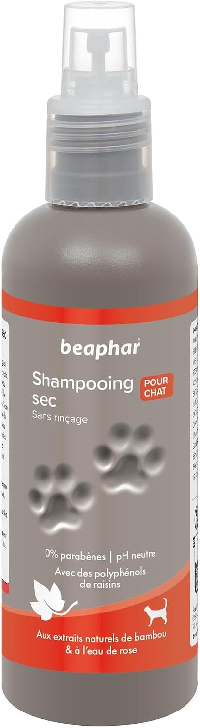 BEAPHAR – Shampoing Sec Premium ultra-doux et parfumé pour chat – Aux extraits naturels de Bambou & d’eau de Rose – Revitalise et rafraîchit le pelage – Limite l’excès de sébum – Sans rinçage – 200 ml