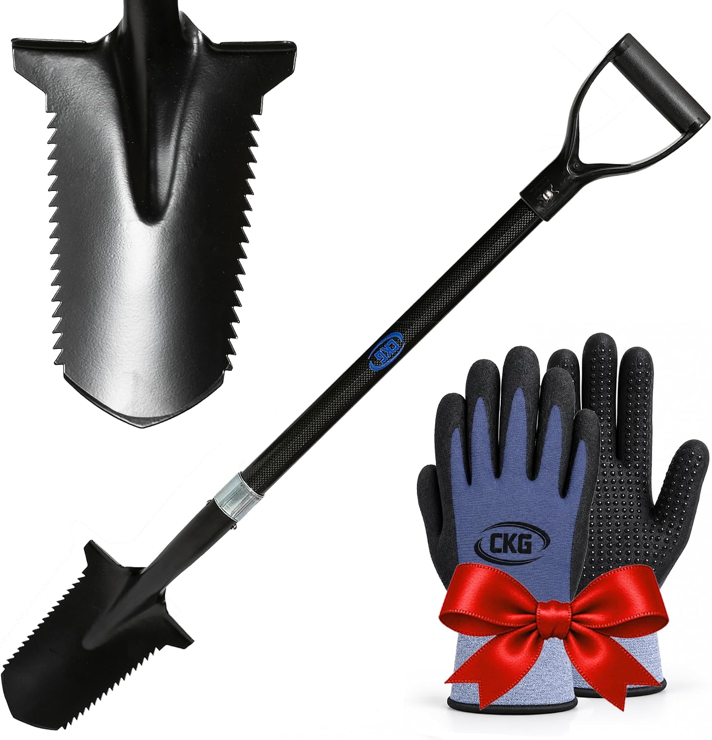 CKG Pelle de détection de métaux en Carbone avec Double Lame dentelée – Coupe-Racines de Jardin léger, Accessoire Professionnel de détecteur de métaux, Pelle dorée – Noir Carbone