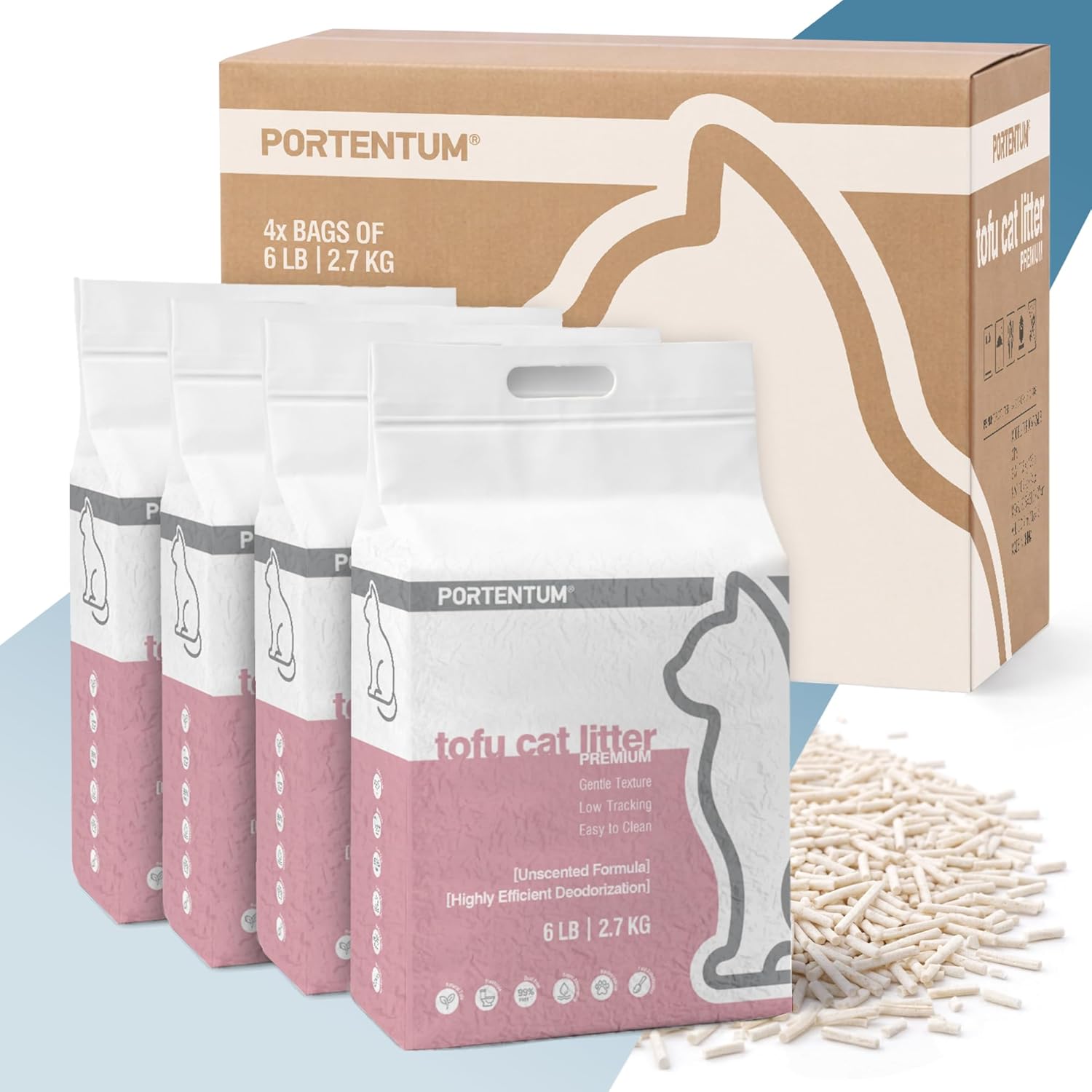 PORTENTUM Litiere Tofu Chat sans Parfum – 24 L de litiere agglomerante avec Controle des odeurs et Nettoyage Facile – Sac litiere Chat en pellets vegetaux jetables Qui Gardent Le bac Propre