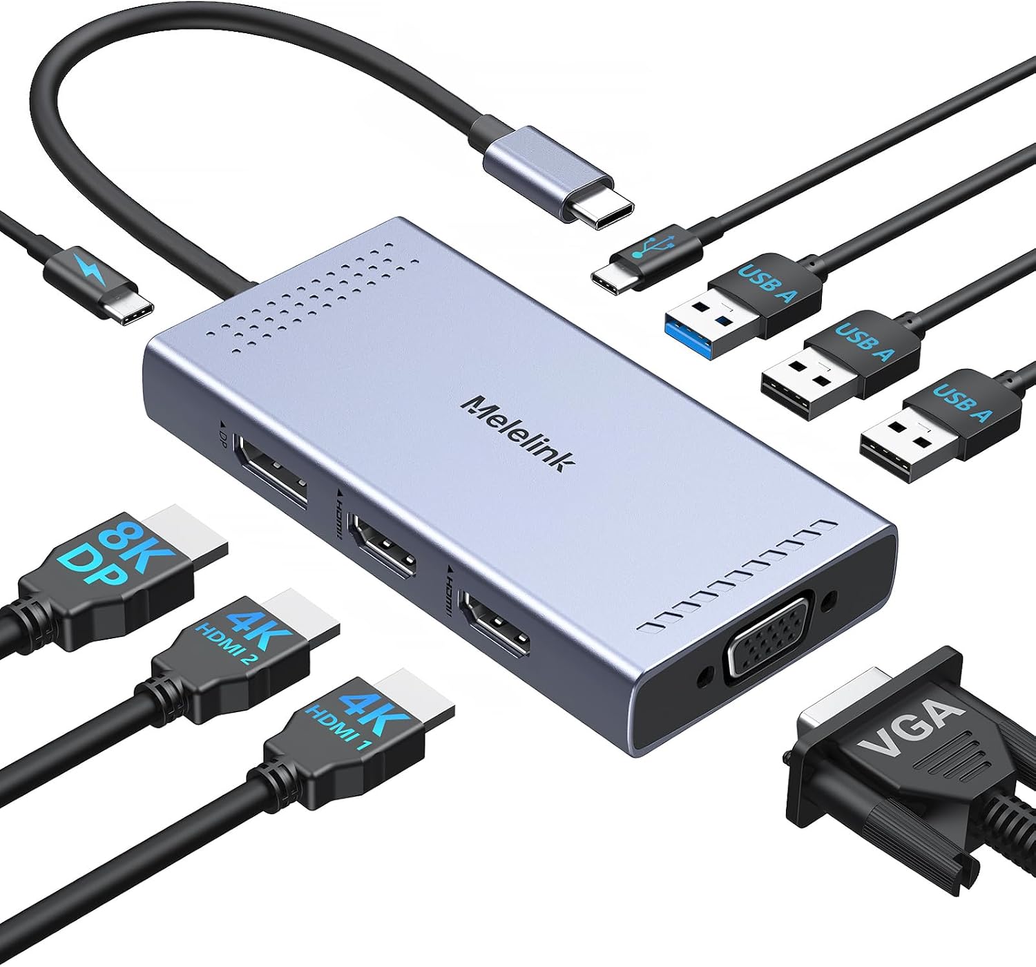 Dock USB C Double Moniteur, 9 en 1 Station d'accueil USB C Dual HMDI 4K 60Hz et 8K Displayport, VGA, PD 100W, USBC, USB 3.0, 2*USB 2.0, Docking Staion Hub USB C pour MacBook Dell HP Windows Microsoft