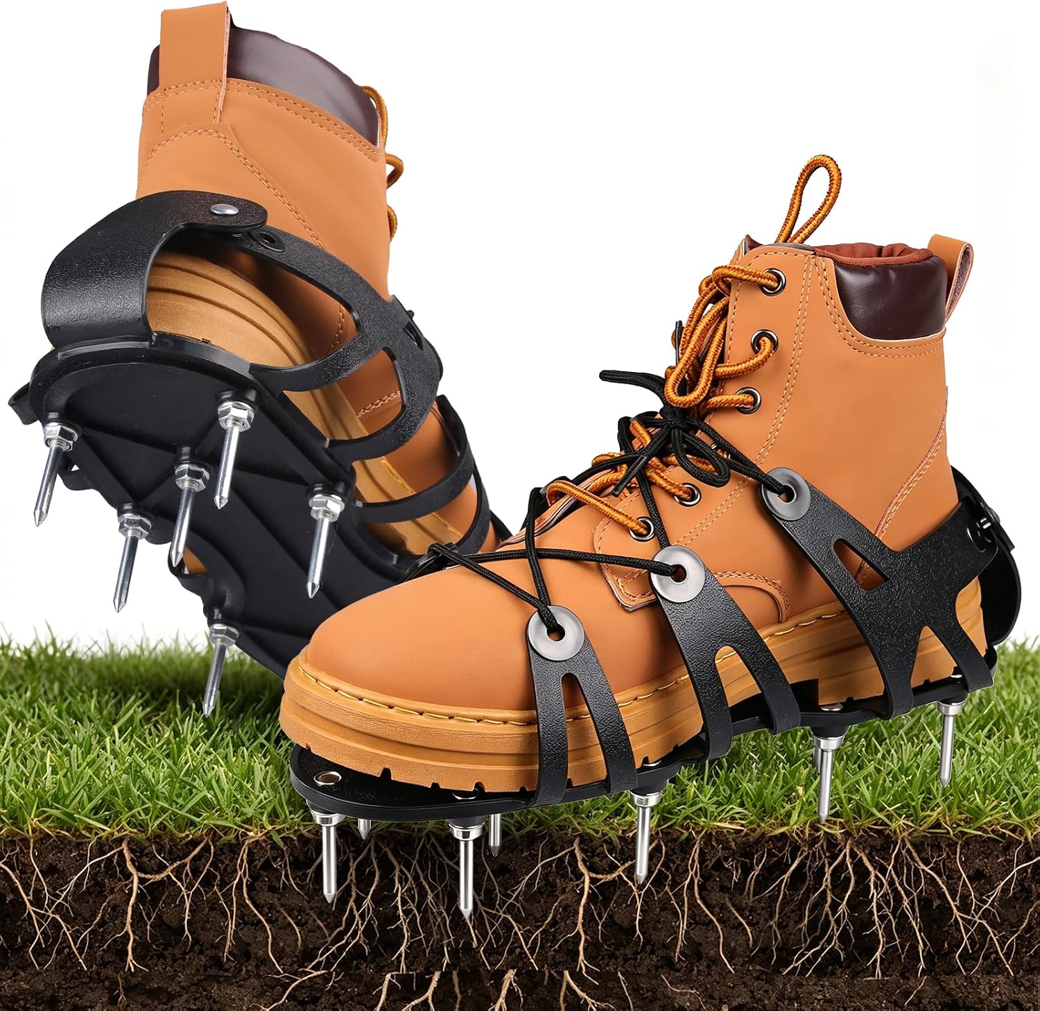 Aérateur Pelouse Chaussure, Chaussures À Ongles pour Gazon avec 26 Pointes en Acier Inoxydable, Aérateur de Pelouse avec Sangles Réglables, Aerateur Gazon Chaussures pour Herbe Jardin Patio (Noir)