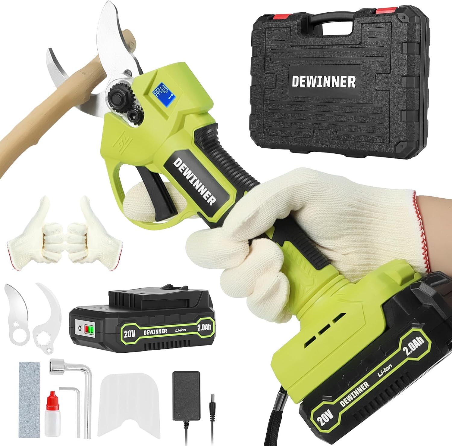 DEWINNER Sécateur Électrique Sans Fil Brushless avec Lame SK5, Sécateur à Batterie avec Batteries Rechargeables & LED Écran, Coupe Réglable Ø25mm pour Jardin, Arbres et Fleurs