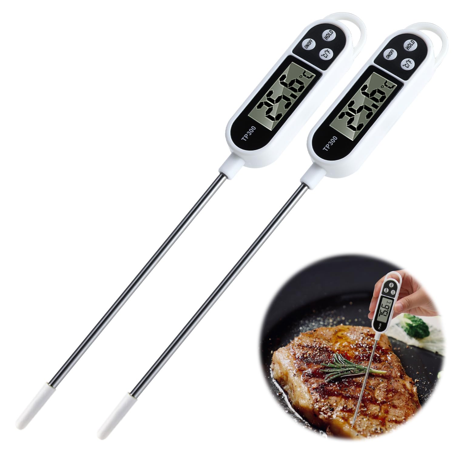 2 Pièces Thermomètre de Cuisine Numérique avec Sonde Longue, Précis pour Aliments, Grill, Cuisson, Lait, Eau, Nutrition Infantile (-50°C à +300°C)
