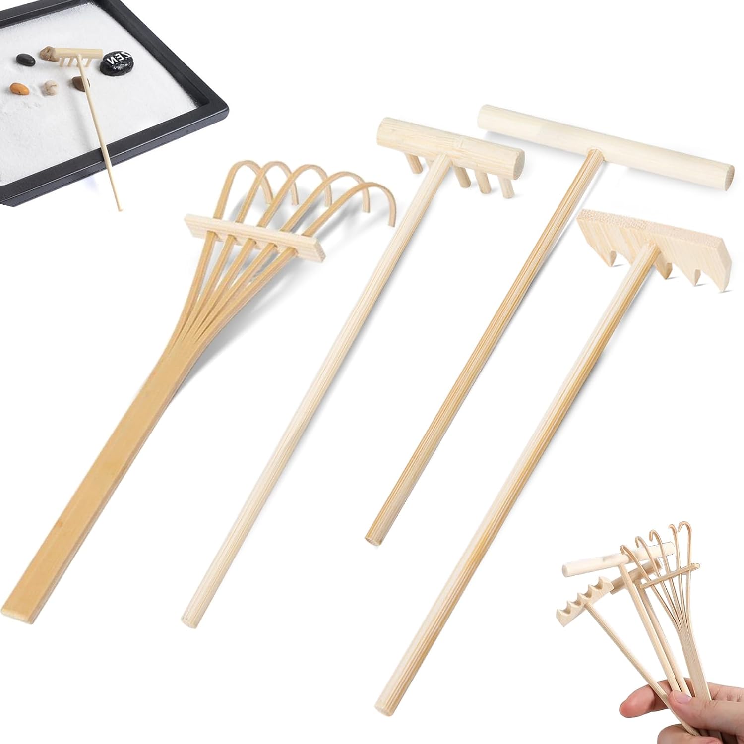Lot de 4 mini accessoires de jardin zen en bois Zen Râteau à sable miniature Petit râteau zen DIY pour la maison, le bureau et la décoration de table