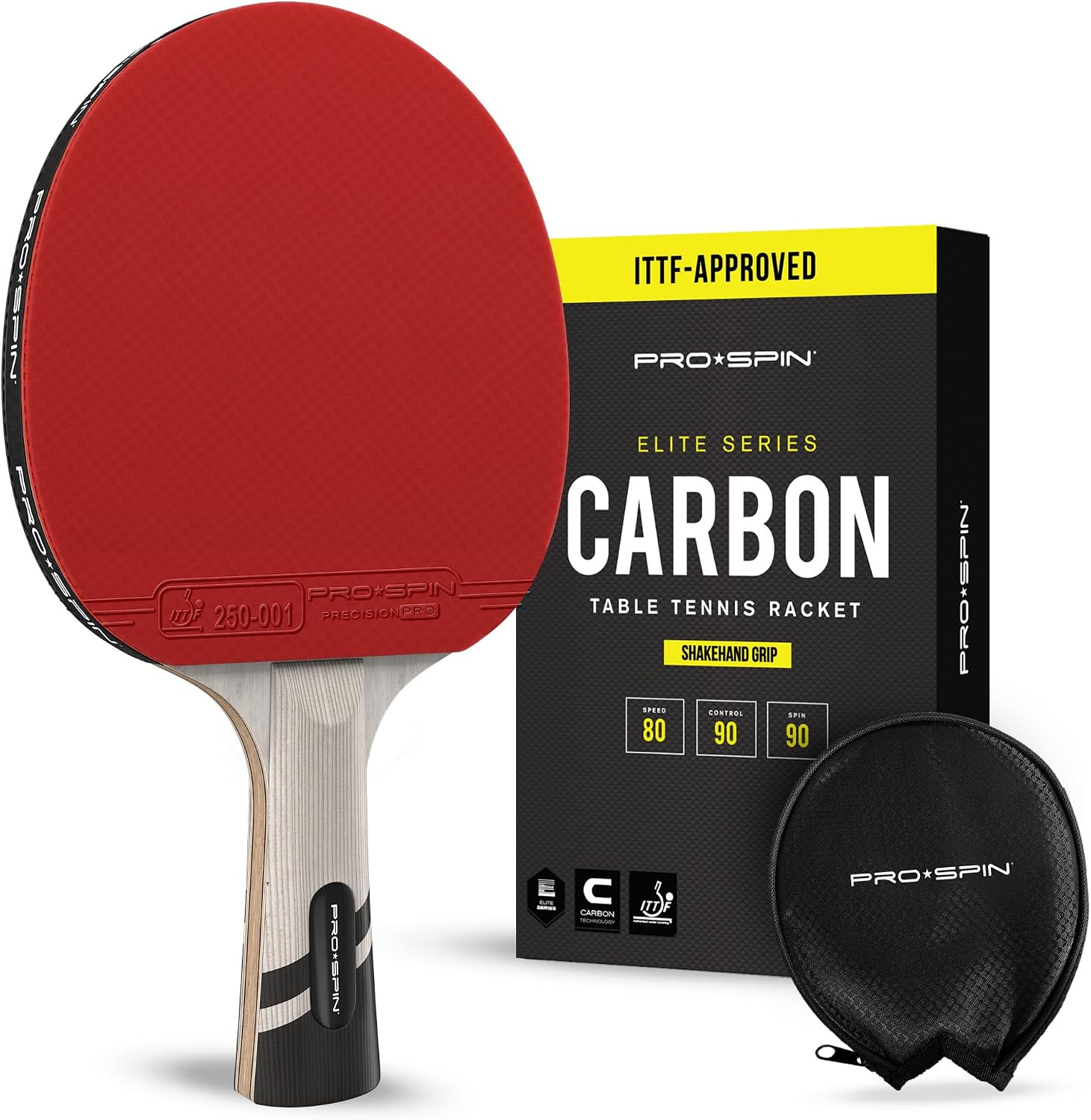 PRO-SPIN Raquette de Ping Pong - Homologuée ITTF en Fibre de Carbone | Série Elite 7 Plis, Caoutchouc Premium, Éponge 2 mm et Étui de Protection