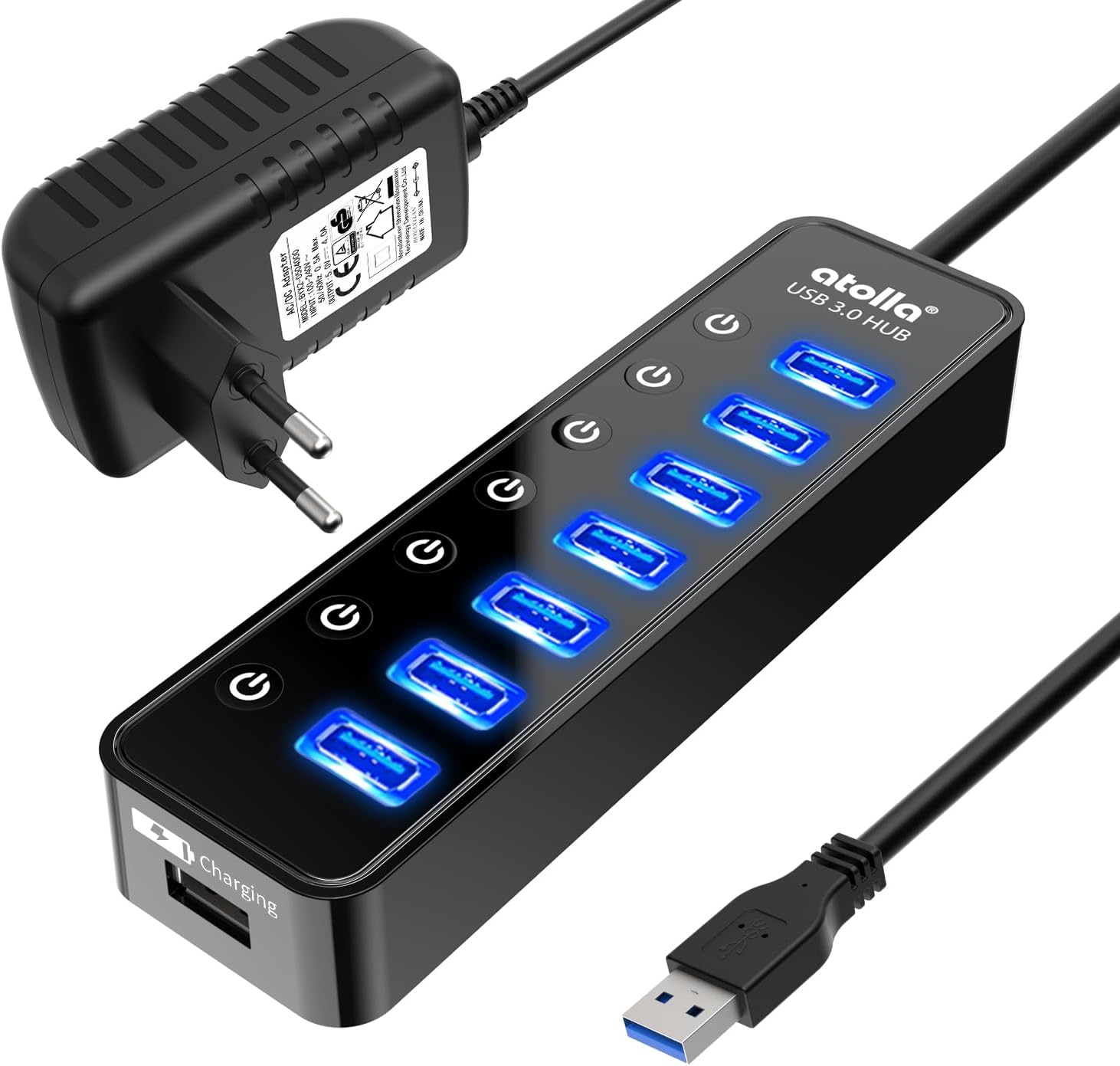 Atolla Hub USB 3.0 actif avec bloc d'alimentation, 7 ports USB 3.0 Hub de données actif avec interrupteur et 1 port de charge intelligent et adaptateur d'alimentation 20 W (5 V/4 A)