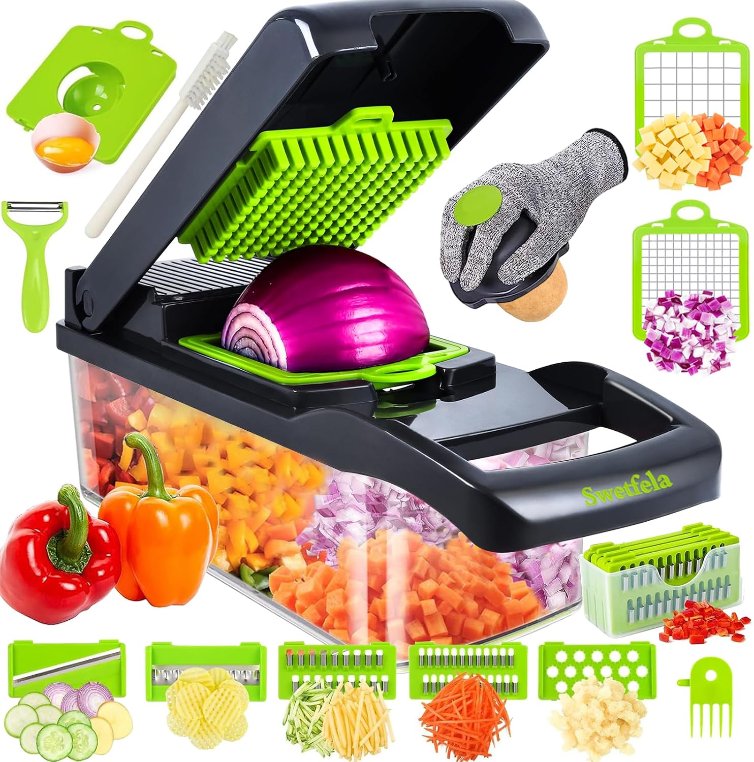 18 en 1 Coupe Legumes Multifonctions - Mandoline Cuisine, Hachoir à Légumes avec 7 Lames, Gant, Brosse de Nettoyage et Éplucheur, Coupe-Légumes pour Fruits et Légumes