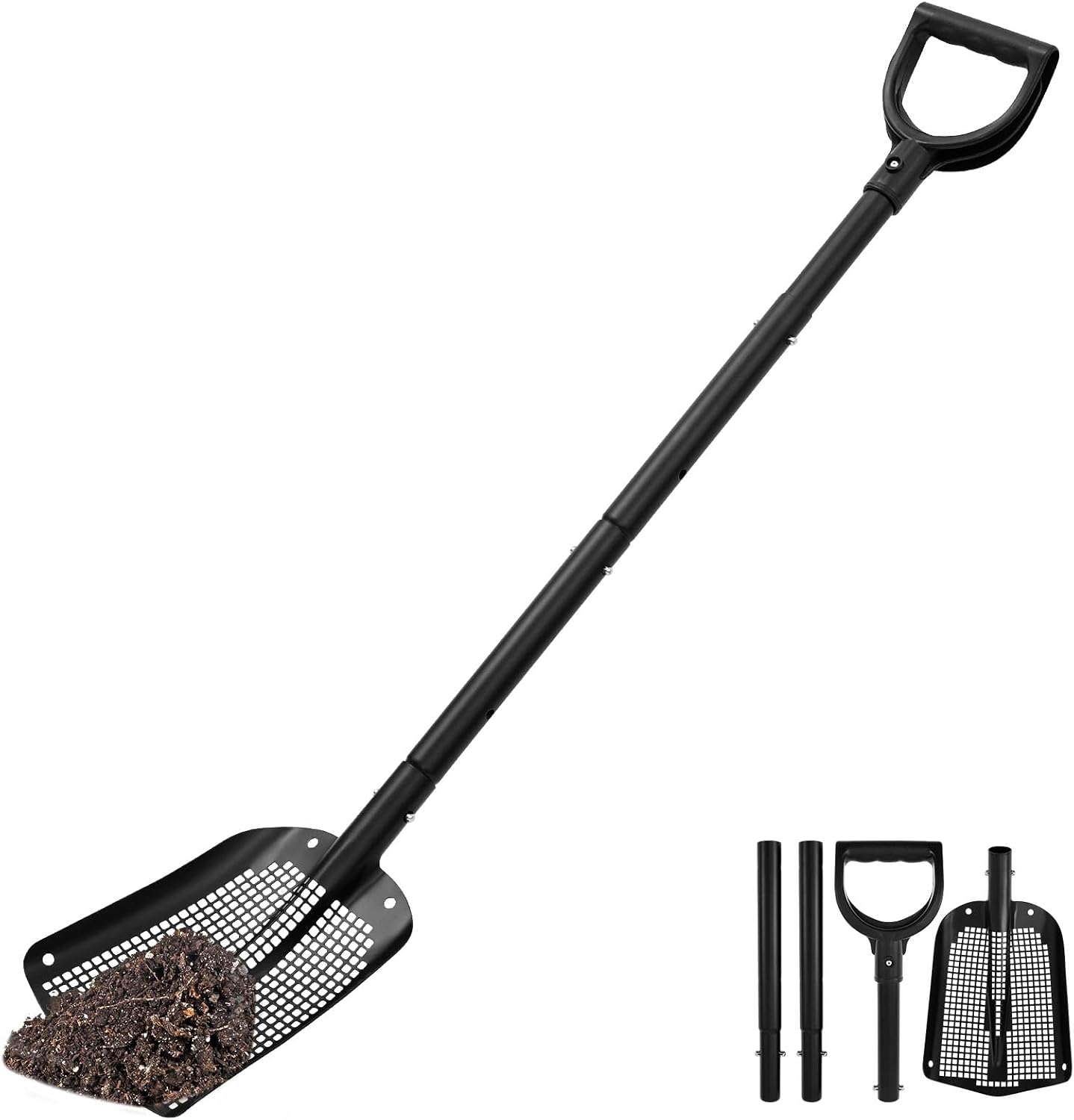 Pelle à tamis en alliage d'aluminium - Largeur de la pelle : 20 cm - Avec trou de tamis de 59 à 118 cm - Poignée réglable - Longue et robuste - Résistante à la corrosion - Pour la plage
