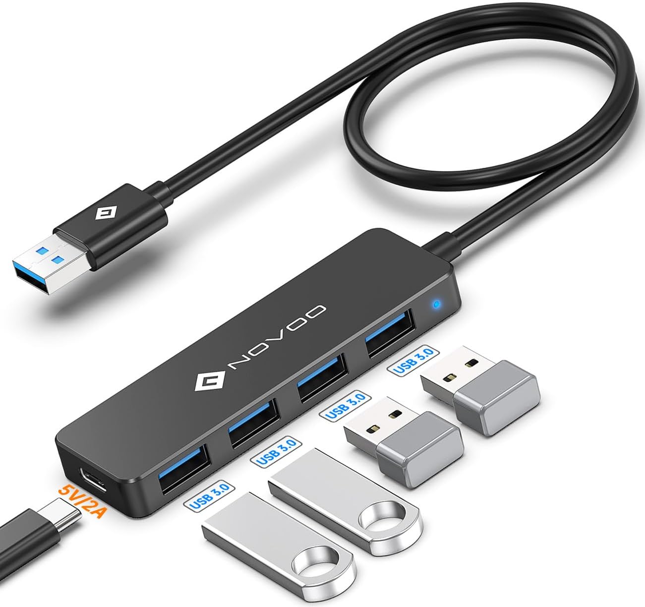 NOVOO 4 Ports Data Hub USB C vers USB 3.0 5Gbps Adaptateur USB C Hub vers USB Compatible avec iPhone 15 Plus Pro Max MacBook Pro Air 2023 iMac iPad Pro Air Surface Pro Galaxy S24 (60cm)