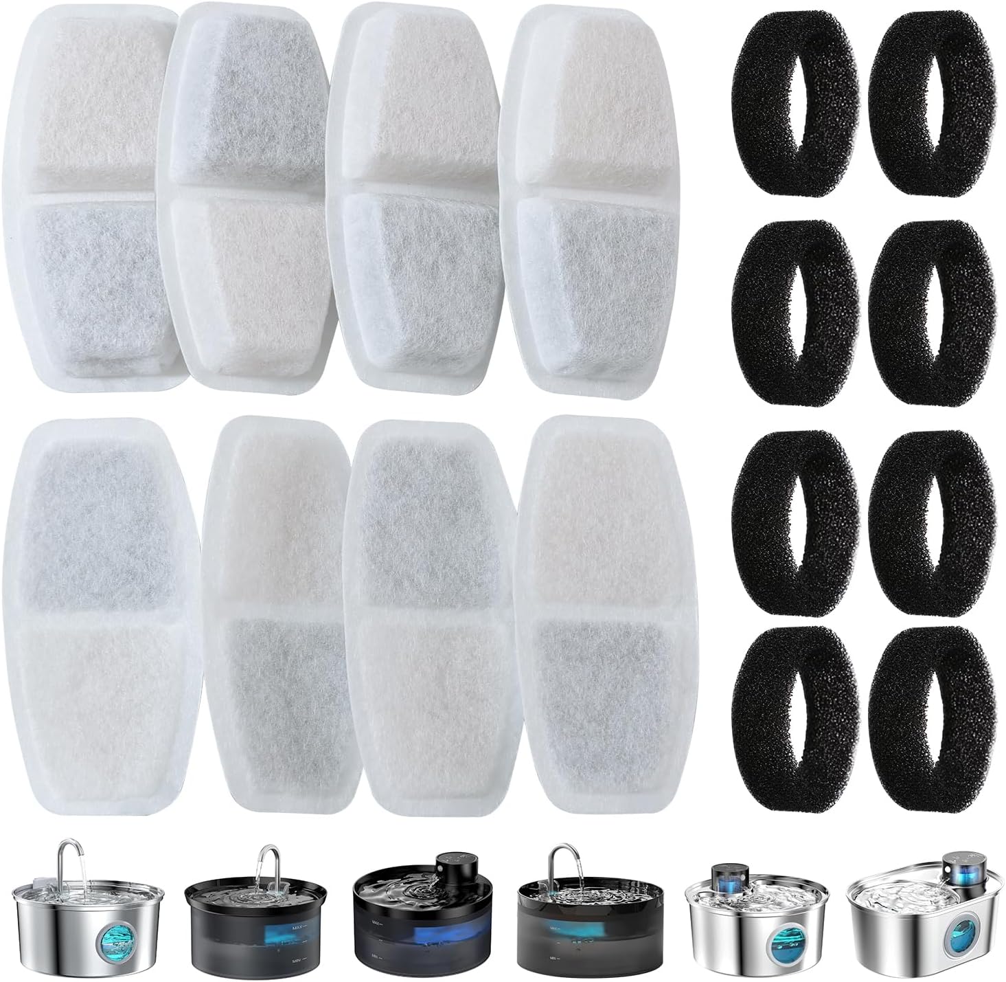 Filtre de Fontaine à Eau 16 Pièces, 8 Filtre Fontaine pour Chat + 8 Mousse Filtres pour Fontaine de Chat 3.2L,2.5L (108oz,84oz）avec Charbon Actif & Résine conTriple Filtration