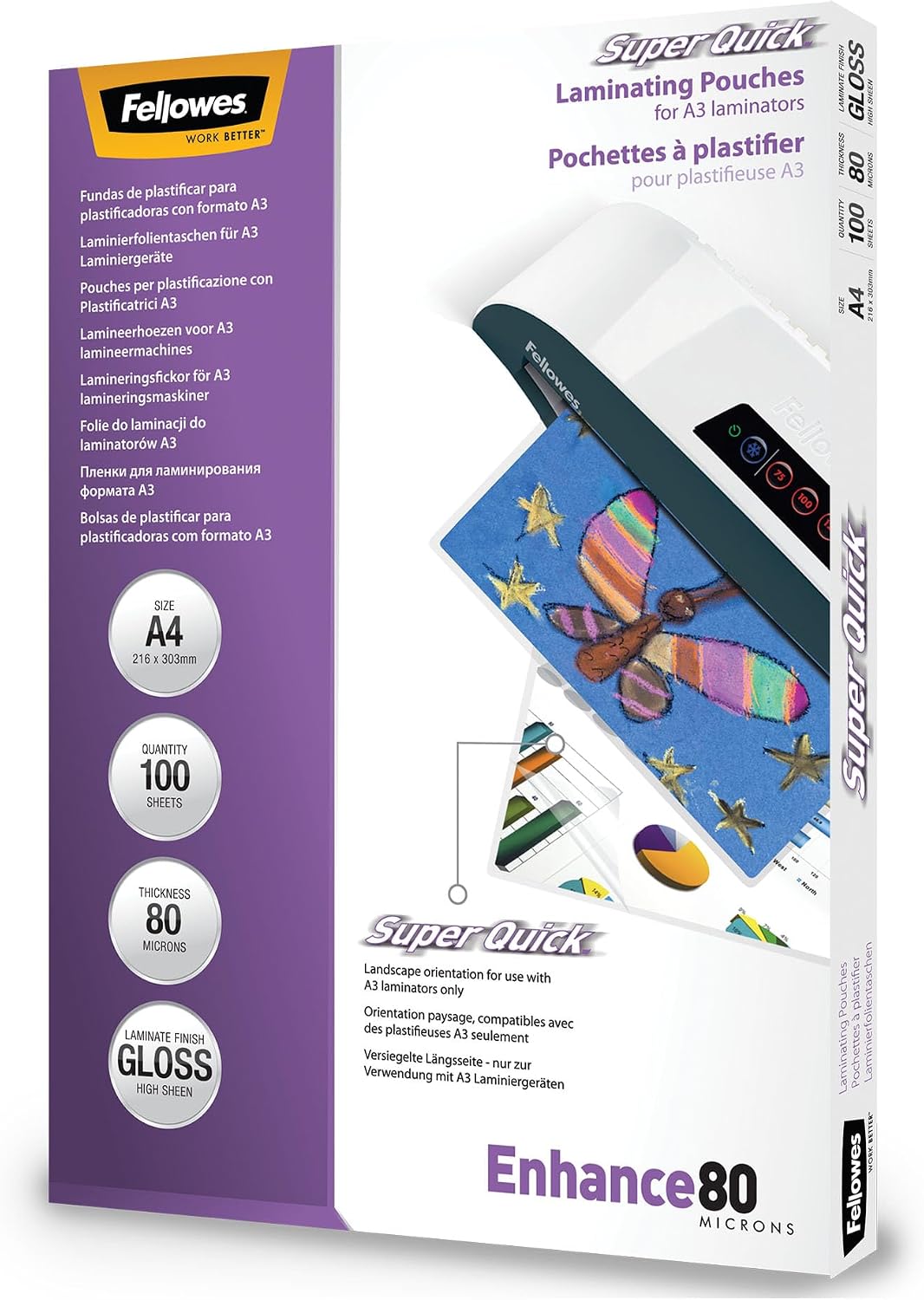 Fellowes 5440001 Super Quick Pochettes de plastification brillantes Capture 80 microns A4 - Pack de 100 Transparent