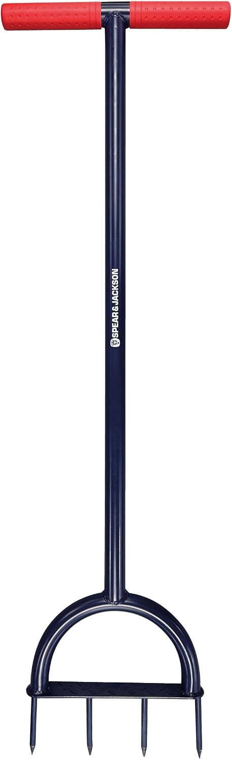Spear & Jackson 4852LSA Aérateur de pelouse à Pointes en Acier Carbone, Construction Tout métal, poignée en T Large avec Grips antidérapants et Repose-Pied intégré